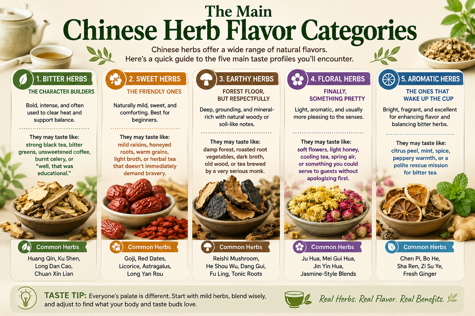 Infographic showing the main Chinese herb flavor categories including bitter, sweet, earthy, floral, and aromatic herbs with examples, taste descriptions, and beginner-friendly herbal tea guidance.