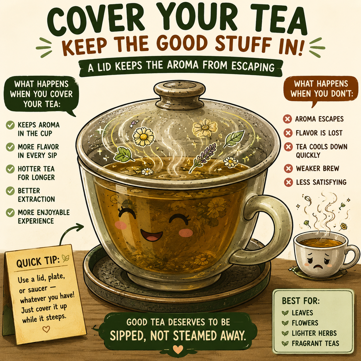 Covering your teacup helps the aroma of the tea stay within the tea,