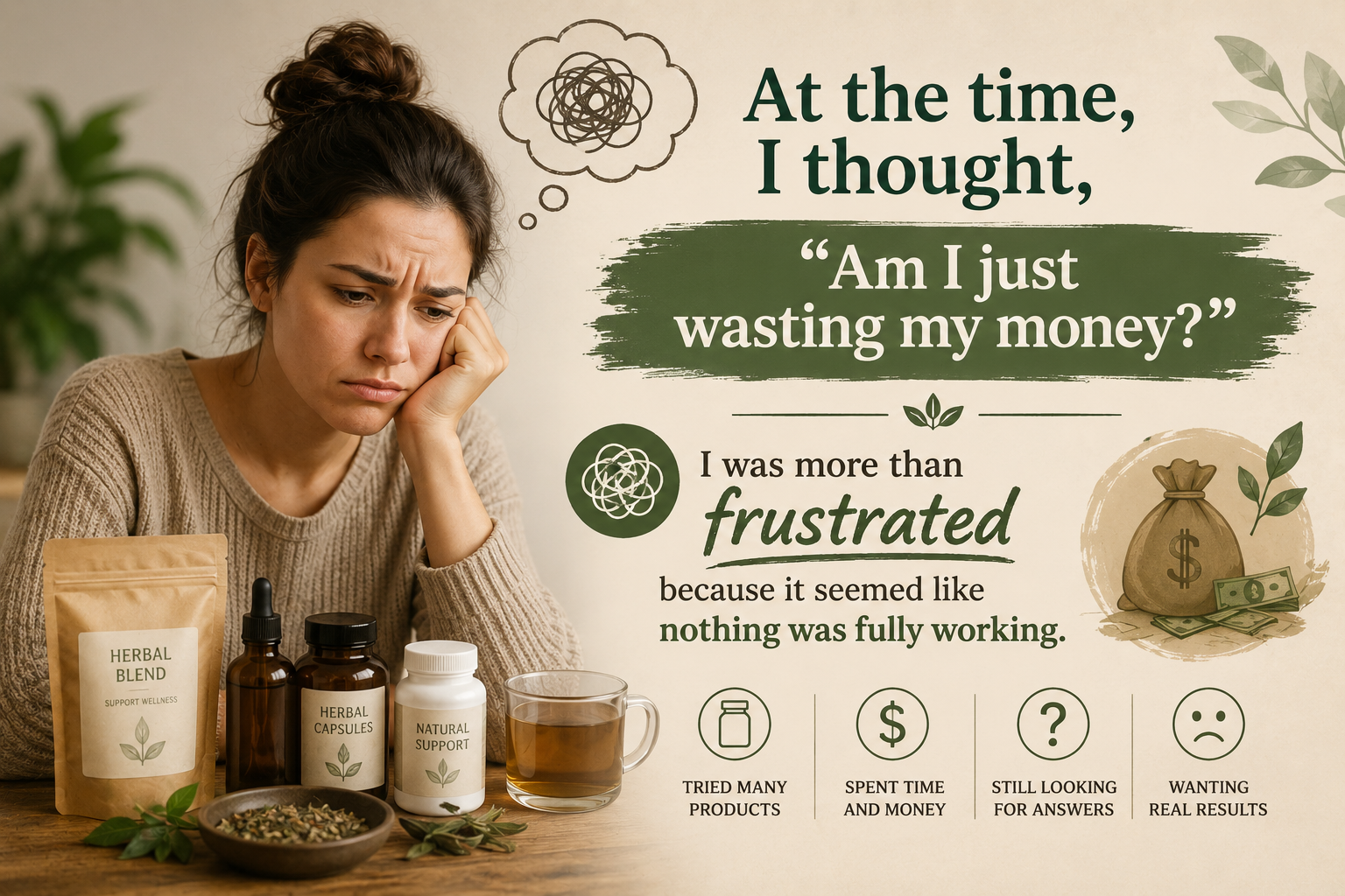 Frustrated woman sitting beside herbal supplements and tea wondering if natural wellness products are wasting her money. Educational wellness graphic about herbal frustration, trying multiple supplements, searching for real results, and understanding long-term Traditional Chinese Medicine balance and herbal wellness support.&rdquo;