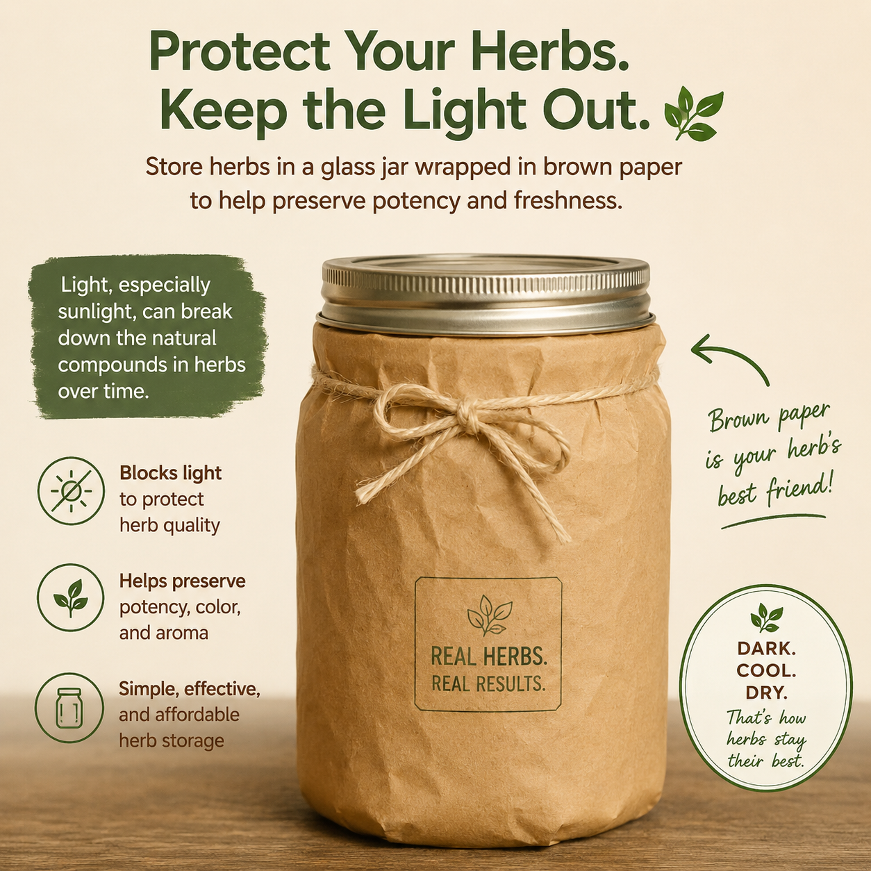 Glass mason jar covered with brown paper to keep the light out with the labeling on the outside