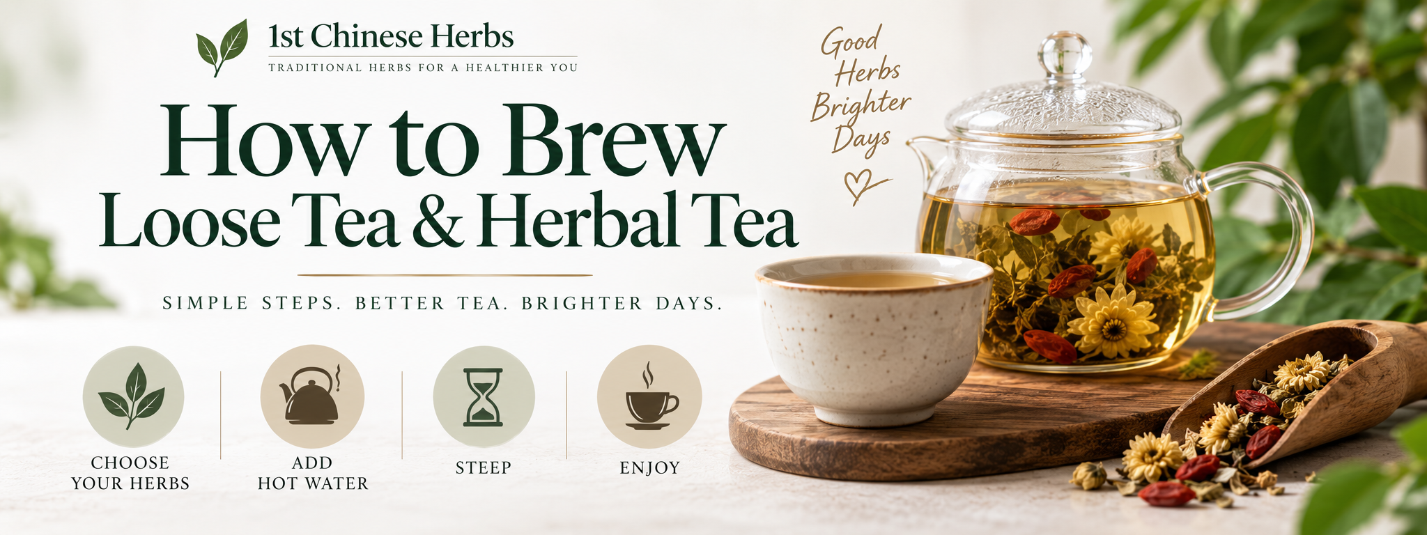 A simple herbal tea brewing guide featuring a glass teapot filled with loose herbs and flowers alongside a warm cup of tea. The graphic illustrates four easy steps&mdash;choose your herbs, add hot water, steep, and enjoy&mdash;providing a welcoming introduction to brewing loose-leaf tea and herbal tea.