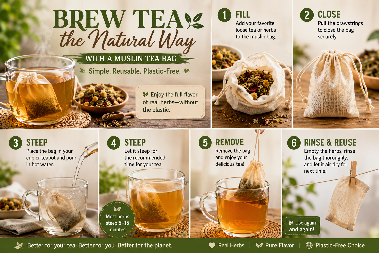Step-by-step guide showing how to brew loose herbal tea with a reusable muslin tea bag. Fill the cotton bag with loose herbs, steep in hot water, remove, rinse, dry, and reuse.