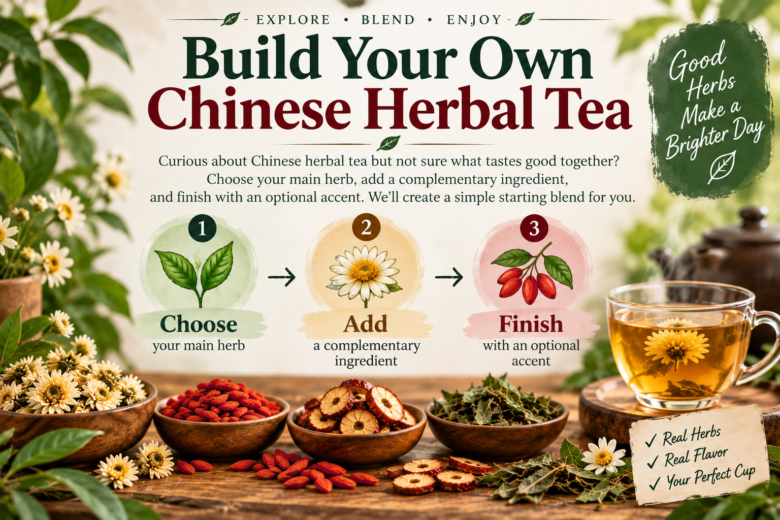 Build your own Chinese herbal tea by choosing a main herb, adding a complementary ingredient, and finishing with an optional accent.