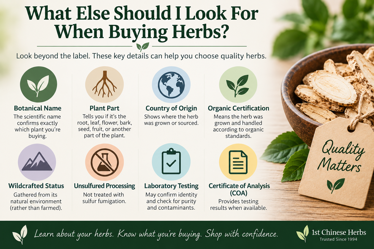 What Else Should I Look for When Buying Herbs? Simple herb-buying guide showing important quality details to look for when choosing herbs, including botanical name, plant part, country of origin, organic certification, wildcrafted status, unsulfured processing, laboratory testing, and Certificate of Analysis (COA) availability.