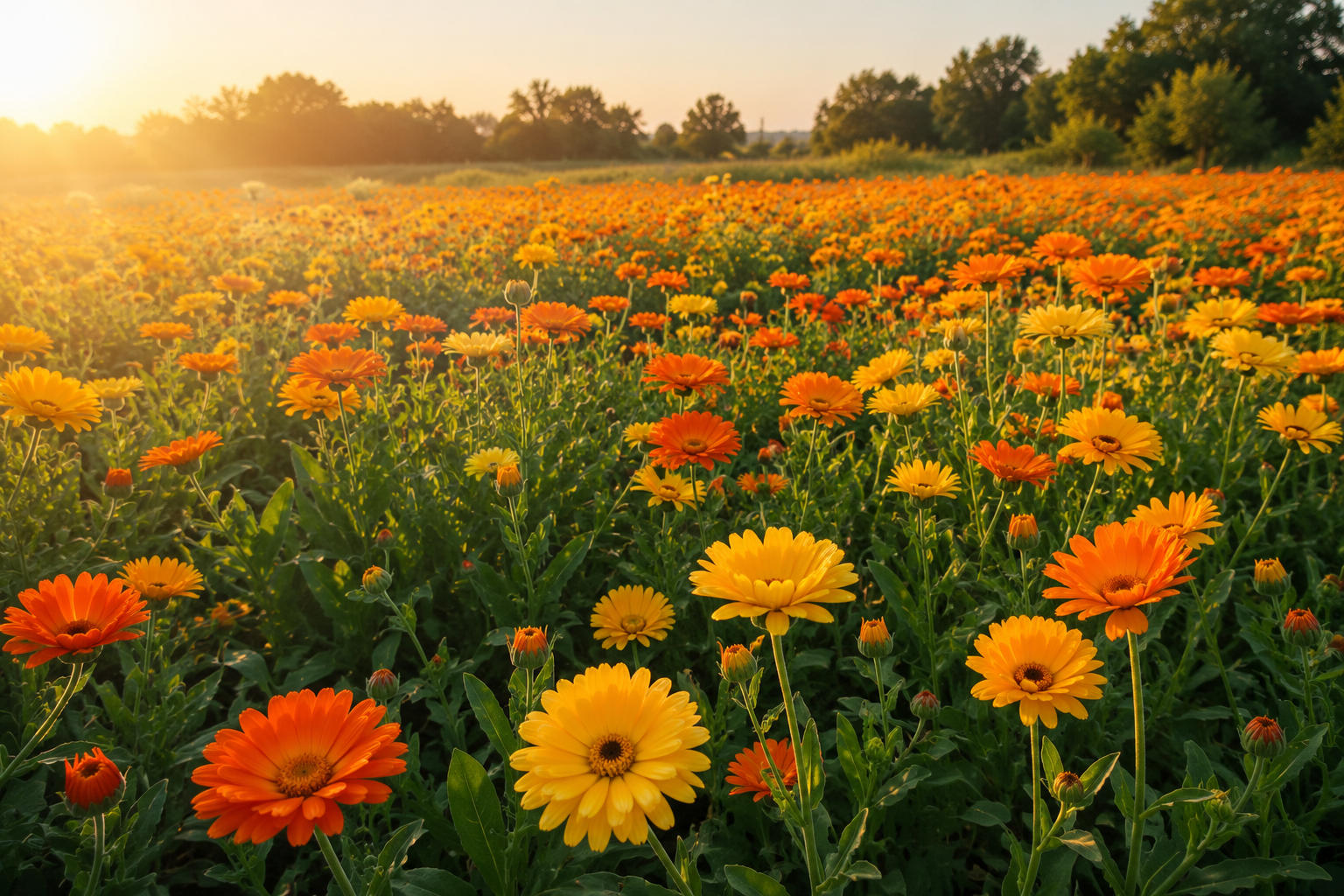 field of calendula flowers of yellow, orange and gold all beautiful in the early morning sun