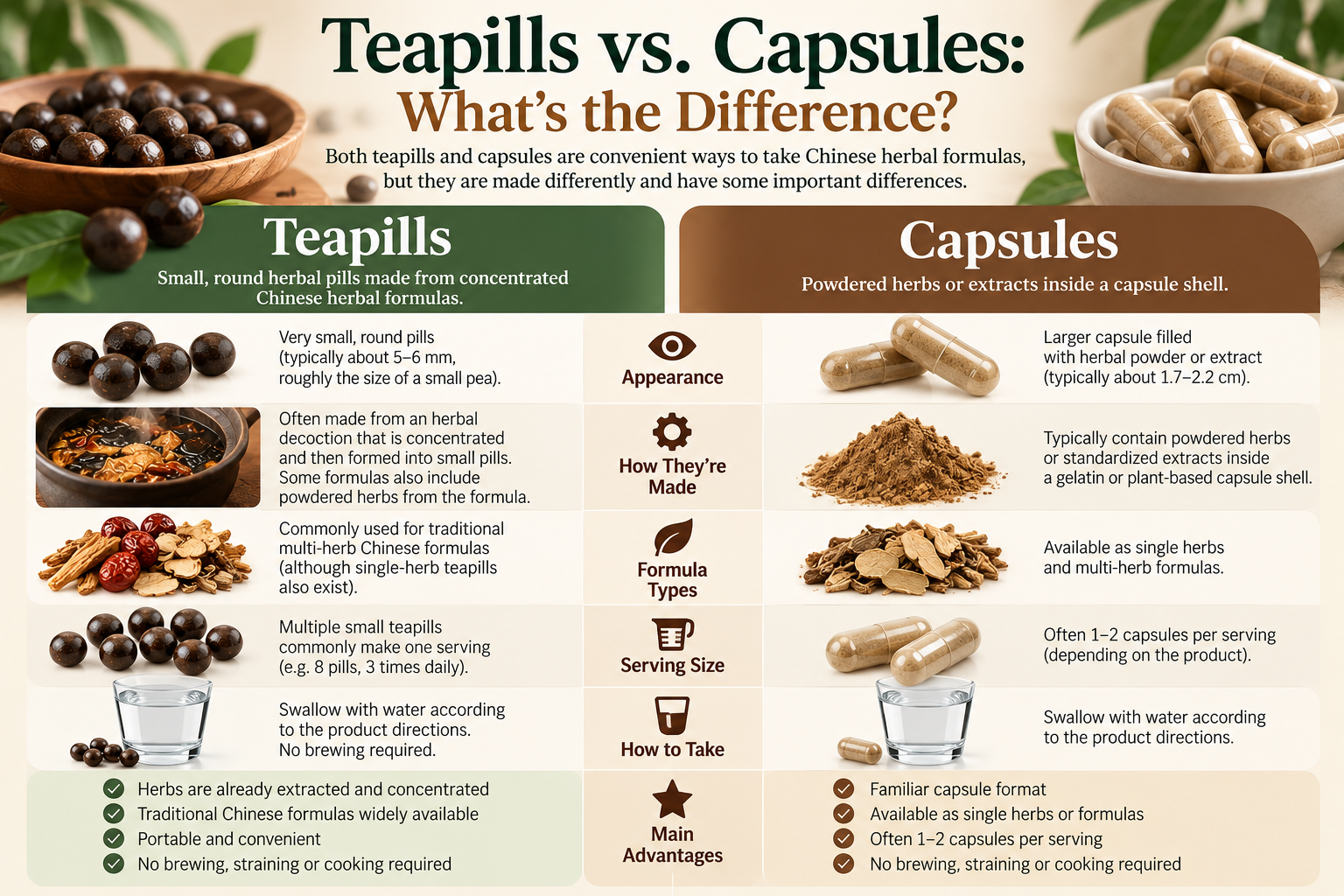 Comparison of Chinese herbal teapills and capsules showing differences in size, appearance, preparation, formula types, serving size, and how they are taken with water.