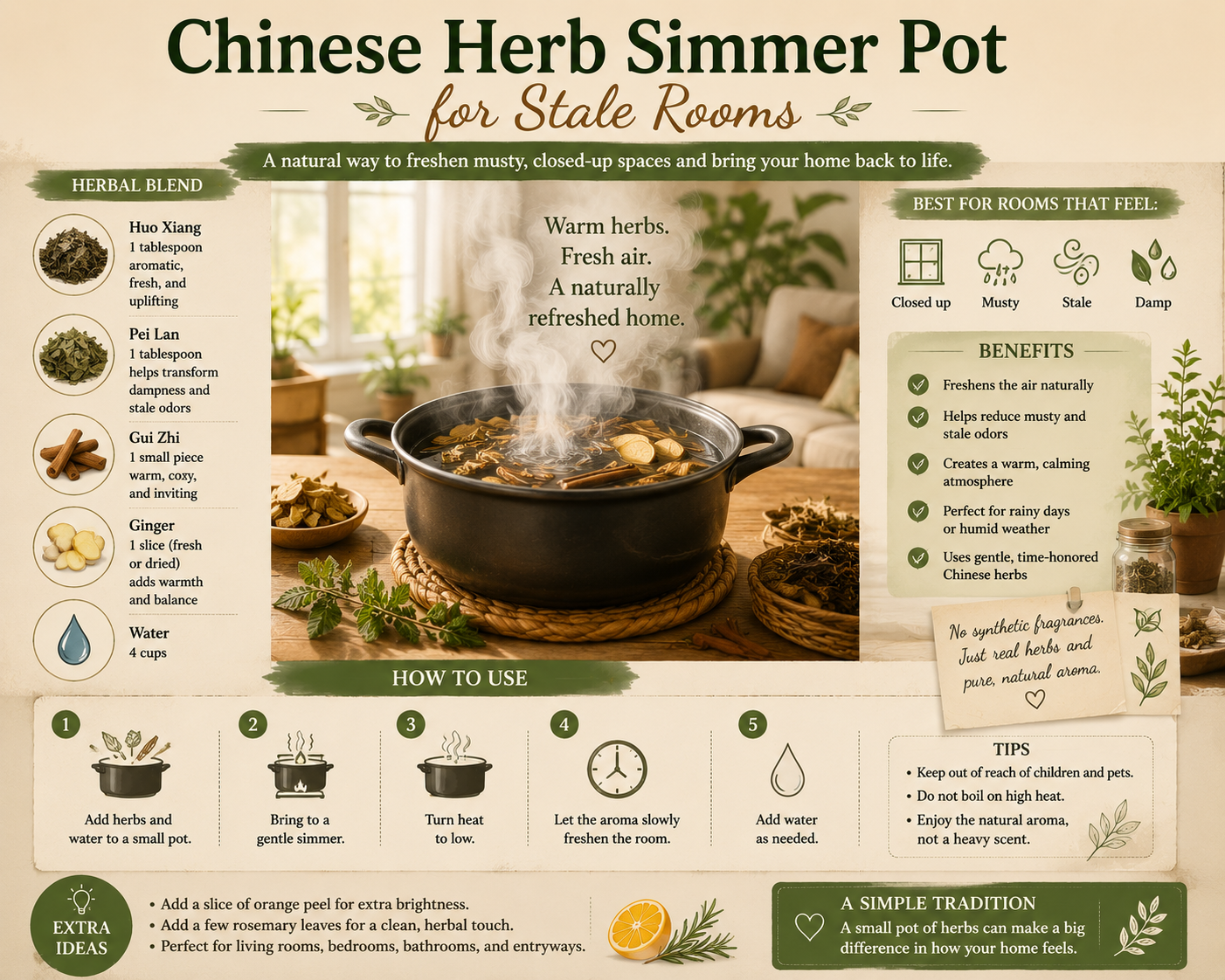 Chinese Herb Simmer Pot for Stale Rooms | Natural Herbal Freshening for Musty Spaces A warm rustic-style infographic showing a traditional Chinese herb simmer pot designed to help freshen stale or musty rooms naturally. The image features a steaming black pot filled with Chinese herbs such as Huo Xiang, Pei Lan, Gui Zhi, and ginger in a cozy sunlit home setting with soft neutral tones and sage accents. The graphic includes ingredient highlights, step-by-step simmer instructions, benefits for closed-up spaces