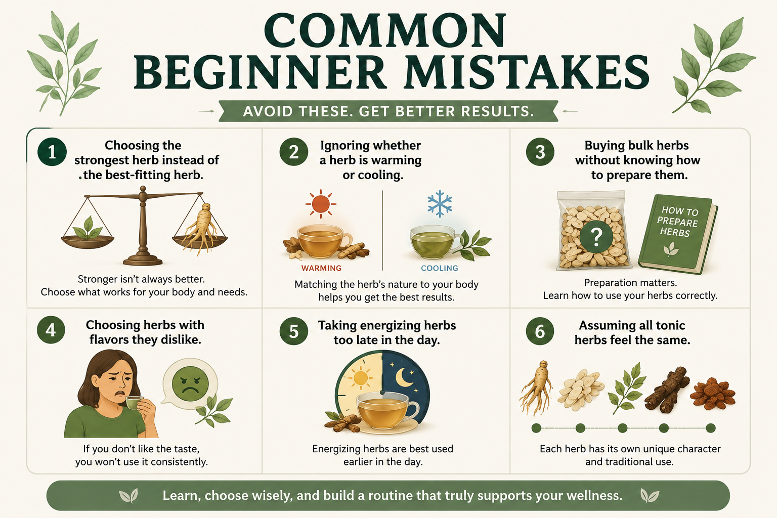 Infographic on common beginner mistakes. Choosing herbs is easier to choose from using our guides