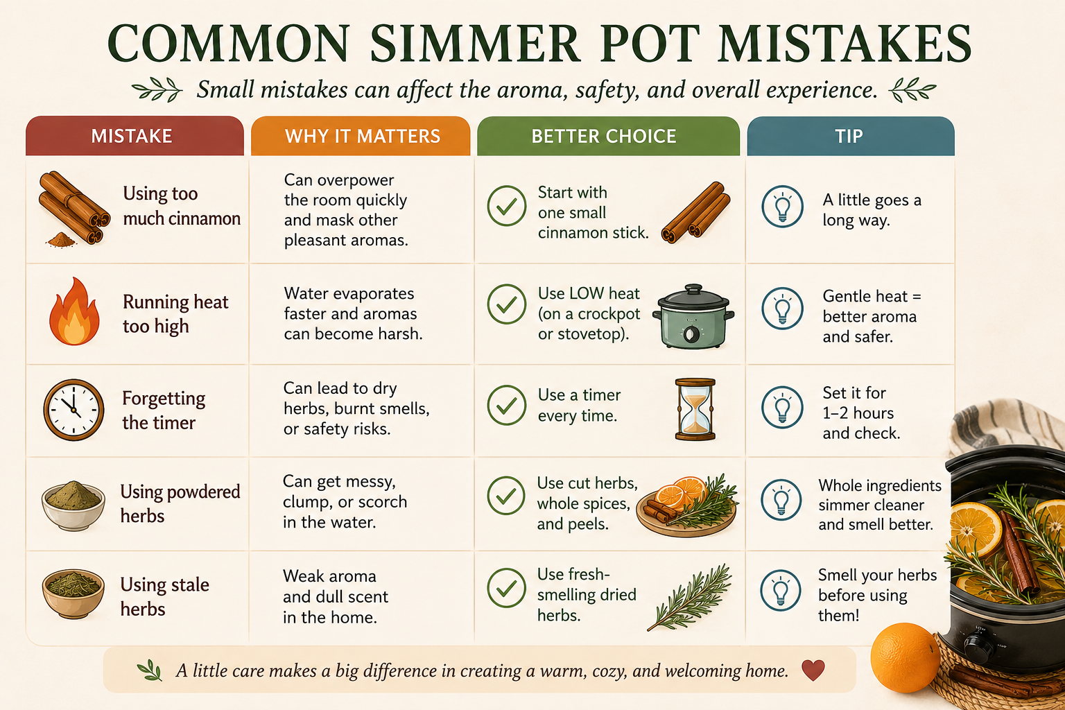 what are the most common mistakes when doing a simmering pot. The chart will guide you through to make this easy