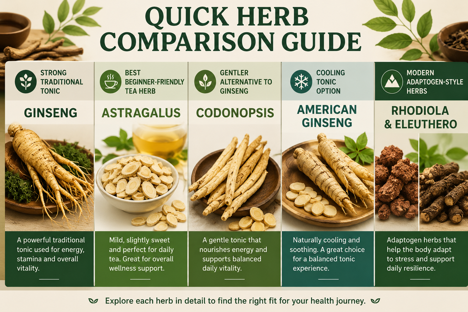 Quick herb comparison guide showing Ginseng, Astragalus, Codonopsis, American Ginseng, Rhodiola, and Eleuthero side-by-side with traditional uses, tonic categories, flavor profiles, and beginner-friendly herbal comparisons