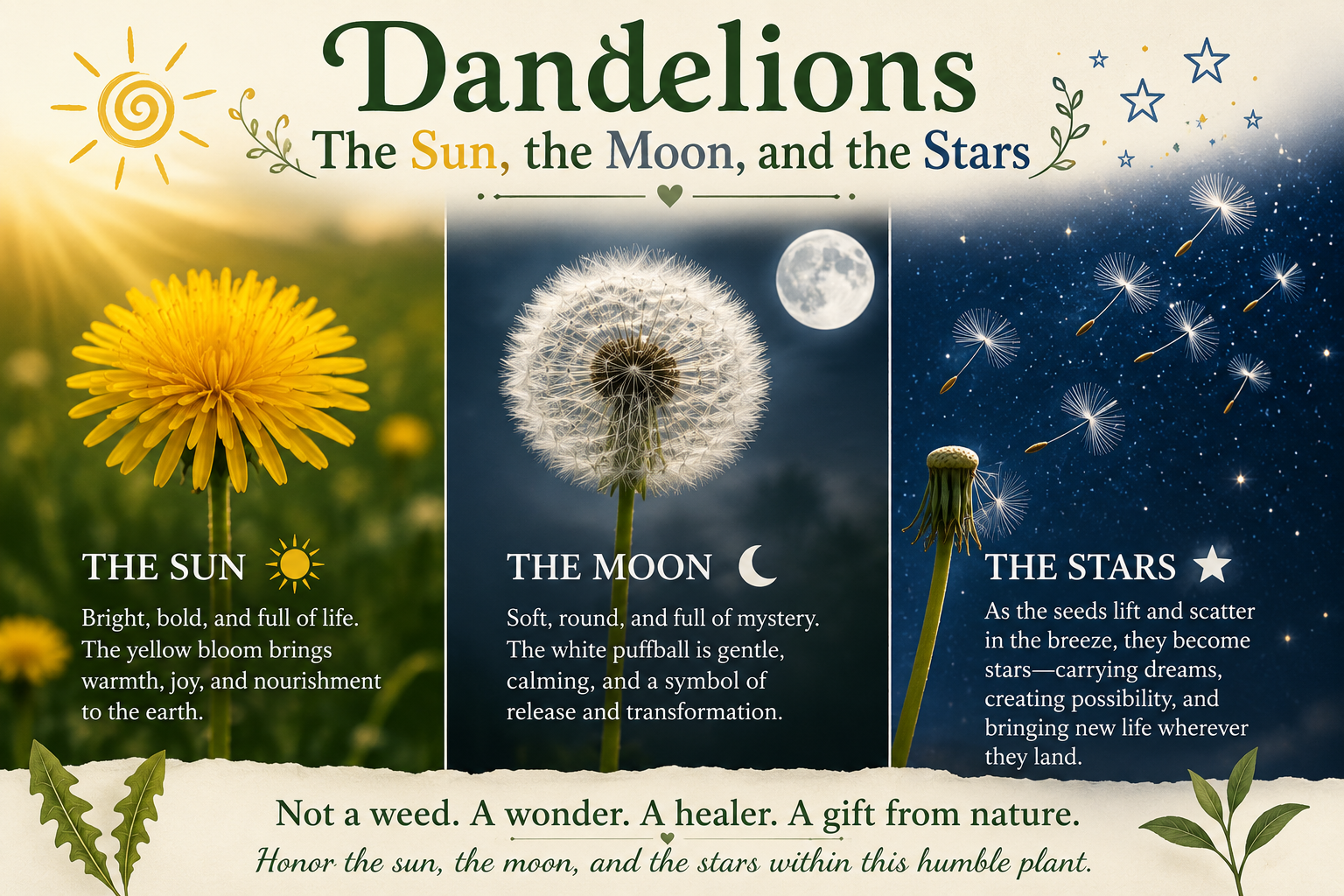 Infographic how the dandelion is the sun, the moon and starts, and that it is not a weed