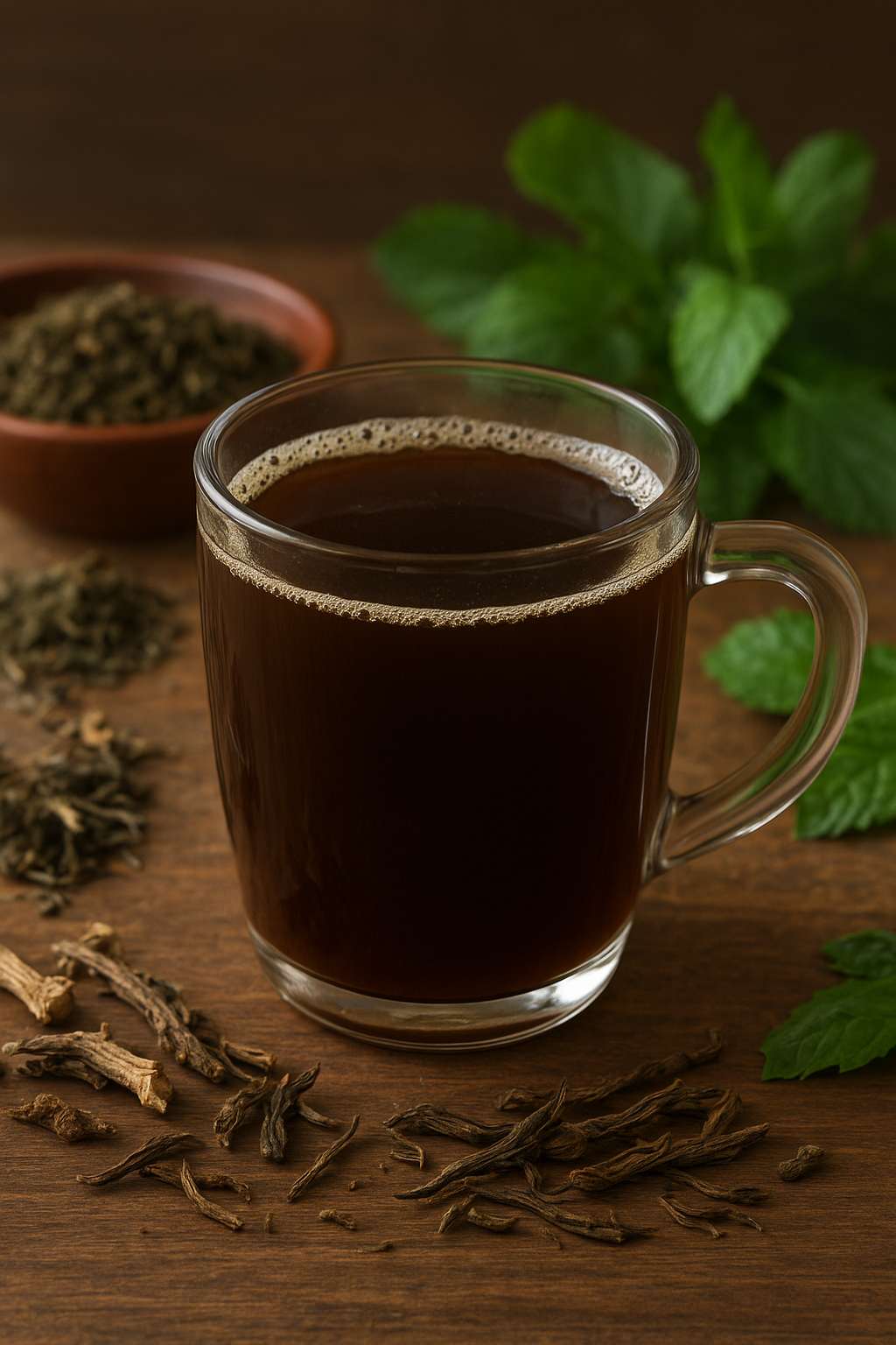 Herbal tea decoction in a glass mug