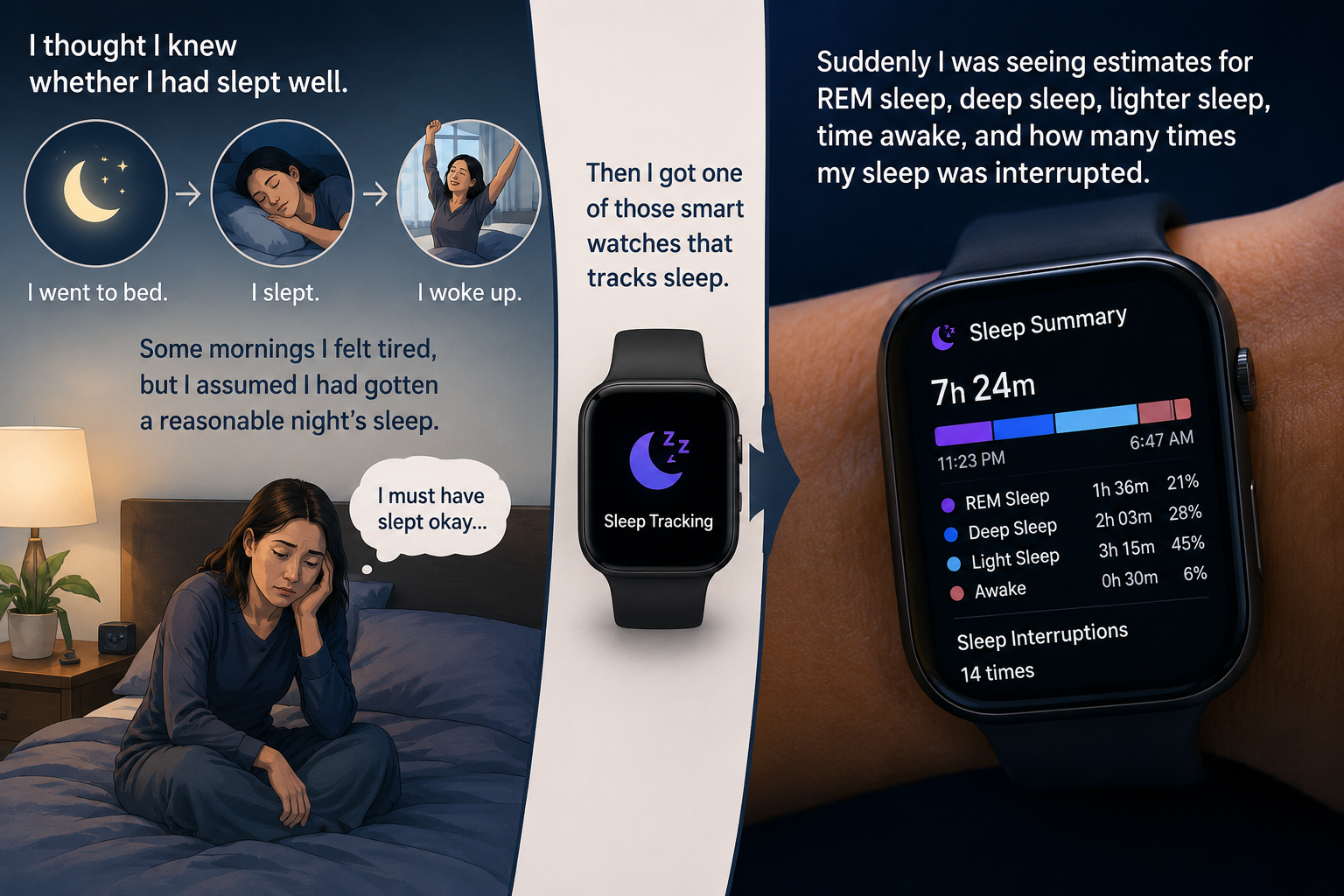A visual showing the difference between assuming you slept well and discovering your actual sleep patterns with a smart watch. The graphic illustrates going to bed, sleeping, waking tired, and then reviewing estimated REM sleep, deep sleep, light sleep, awake time, and nighttime interruptions.