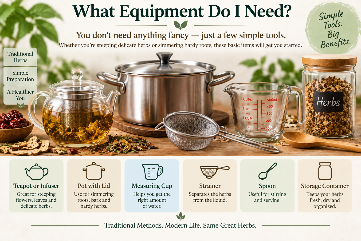 Simple equipment for preparing bulk Chinese herbs, including a teapot or infuser, covered pot, measuring cup, fine-mesh strainer, spoon, and storage container for steeping or simmering herbs.