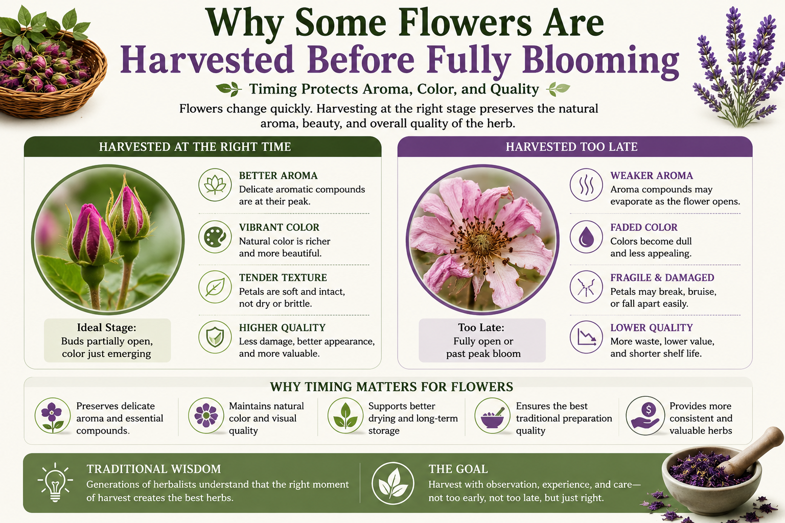 Educational infographic showing why some medicinal flowers are harvested before fully blooming to help preserve natural aroma, vibrant color, texture, freshness, drying quality, and overall herbal quality in traditional herbal preparation.