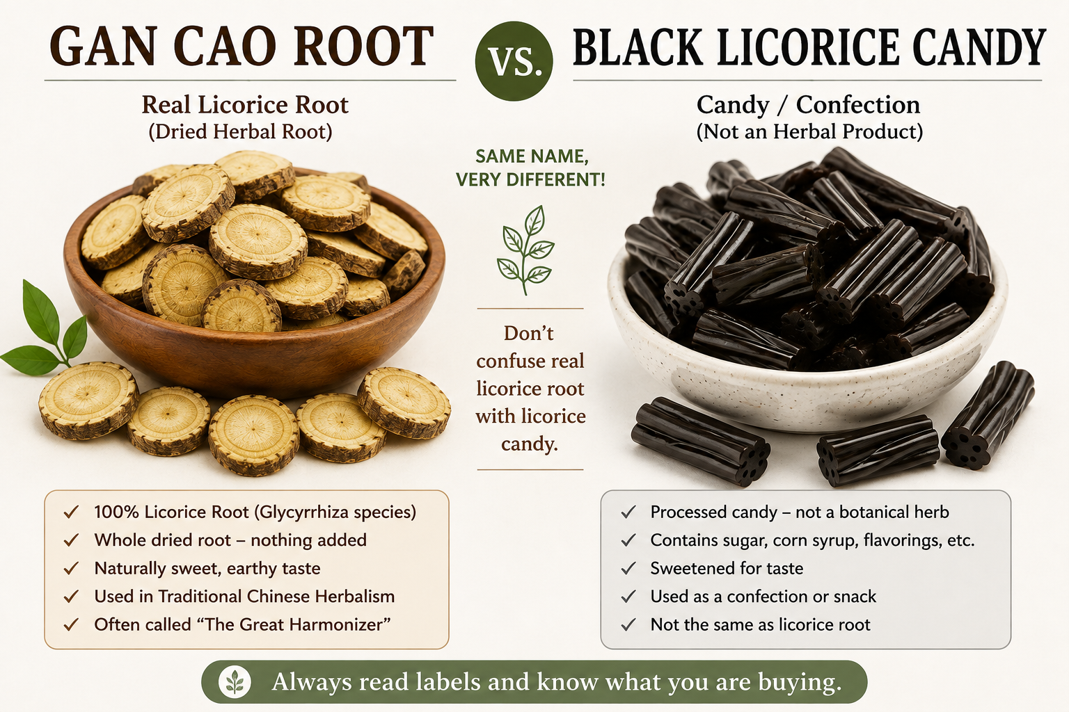 Gan Cao Licorice Root vs Black Licorice Candy Gan Cao licorice root vs black licorice candy comparison showing dried Chinese licorice root and processed black licorice confection.