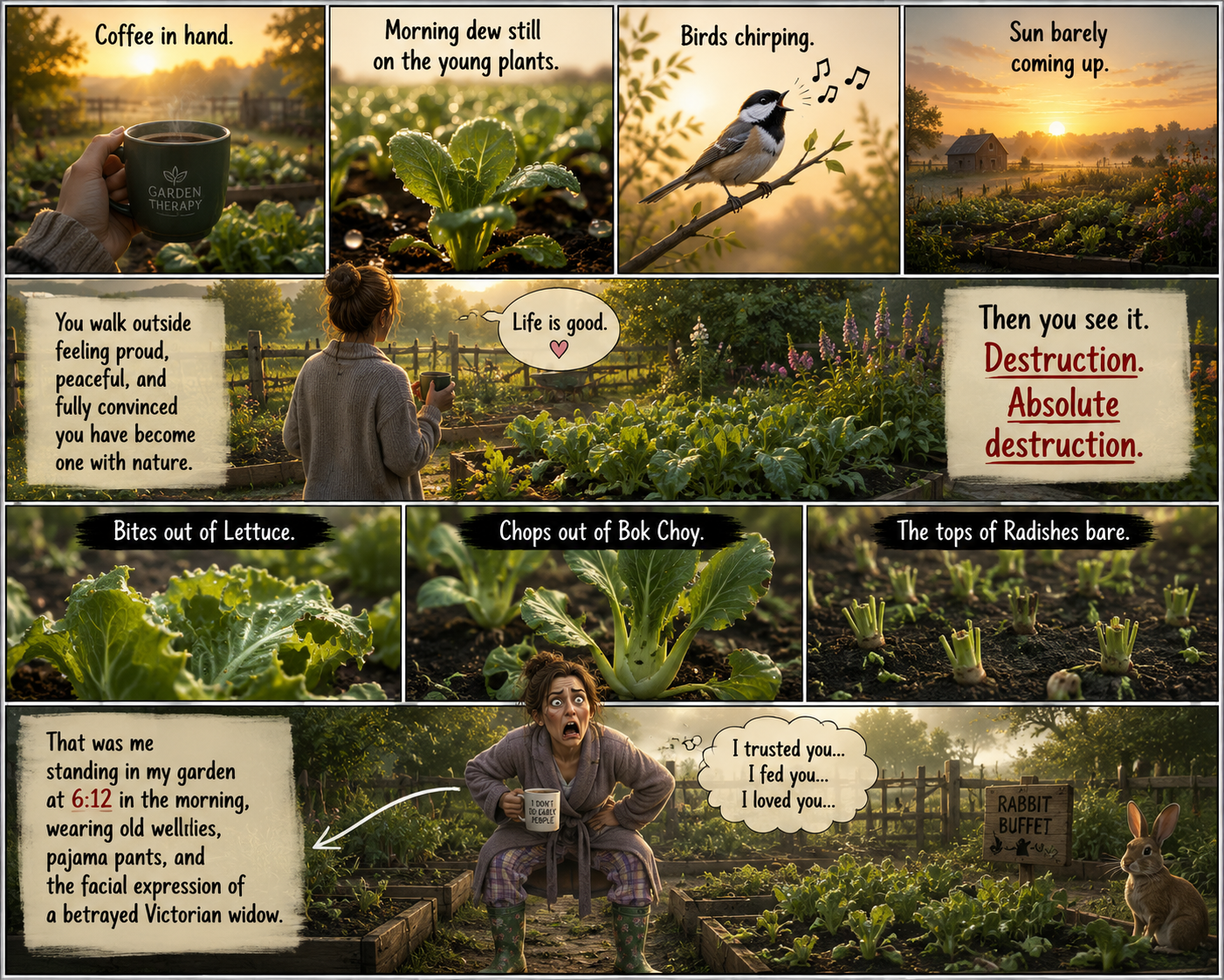 inforgraphic of how a peaceful garden can turn into nothing over night due to rabbits