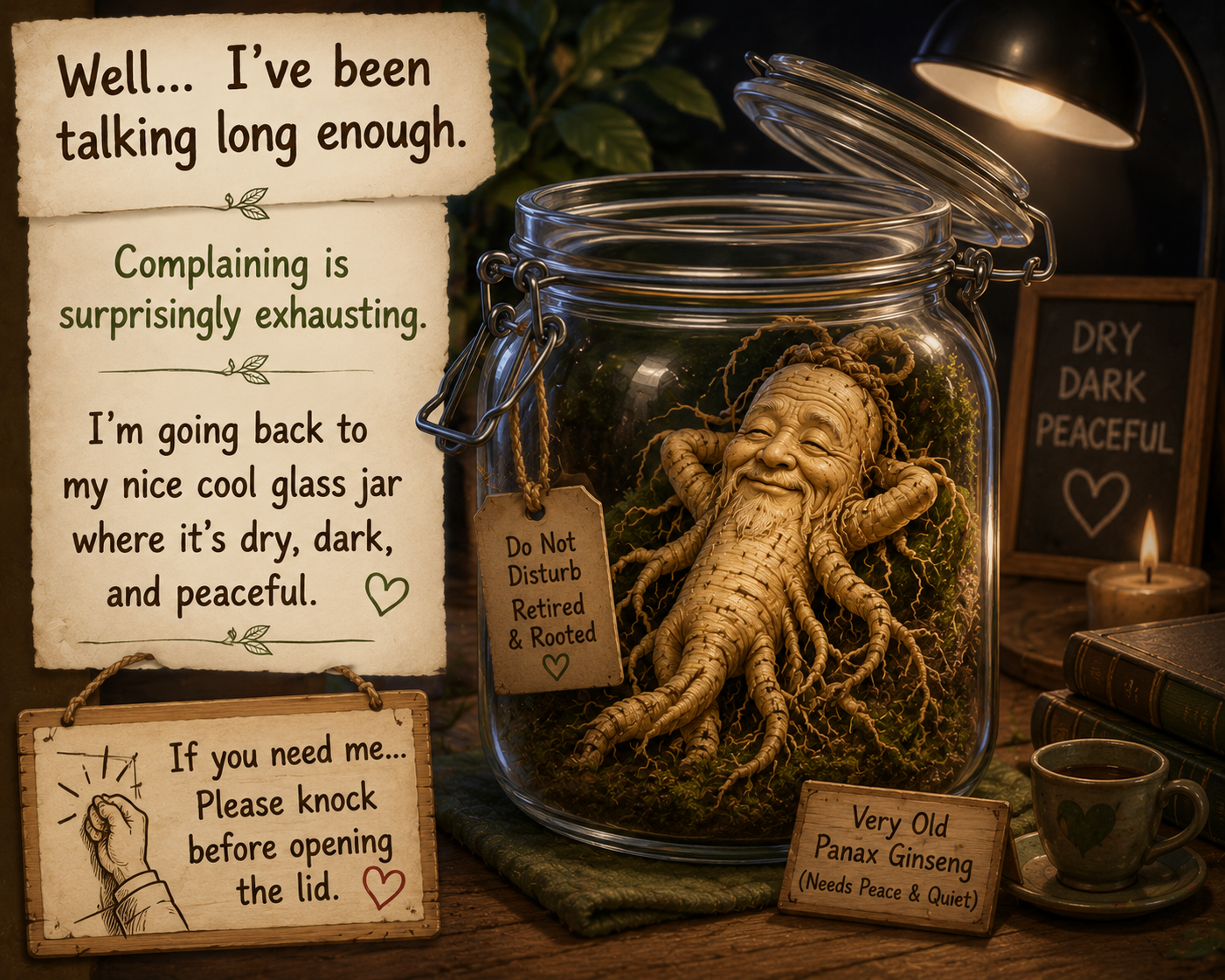 A whimsical illustration of a wise old Panax ginseng root happily returning to its cool, dark glass jar after sharing its humorous advice with humans. The cozy scene playfully reminds readers that proper storage in a dry, airtight container helps preserve the quality, aroma, and character of dried herbs.