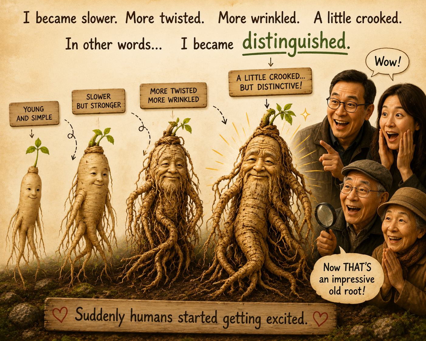 Watch a Panax ginseng root transform from young and smooth to old, twisted, and beautifully distinguished through years of natural growth. This humorous illustration celebrates why mature ginseng roots have long been admired for their unique character, intricate shape, and timeless appeal.