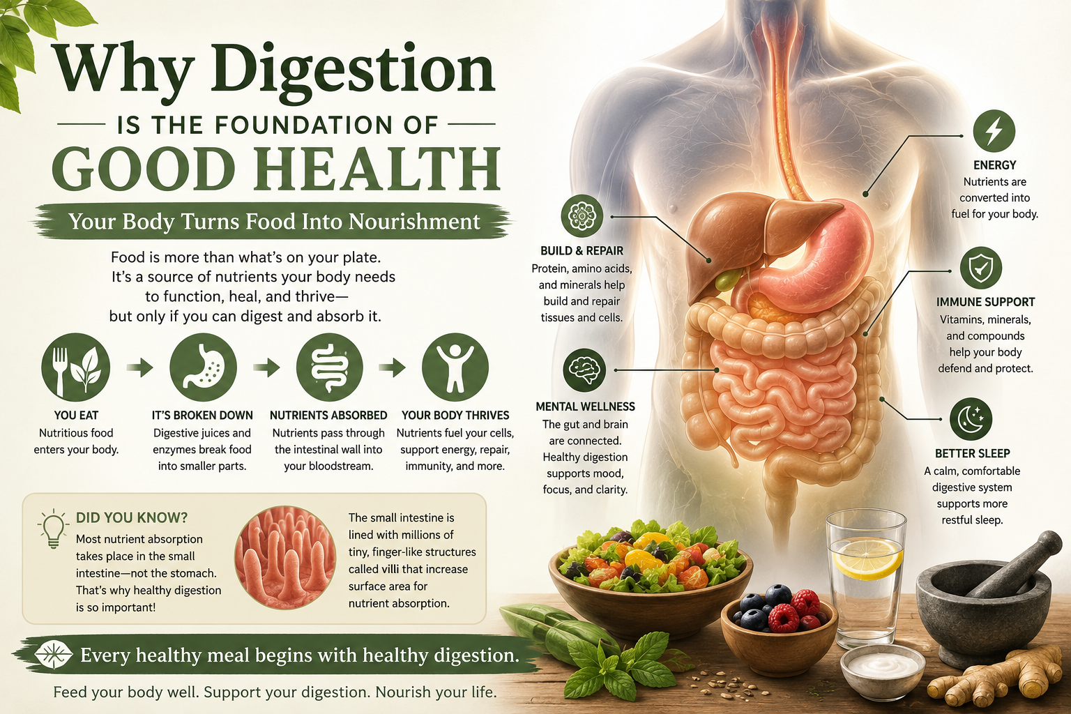 Infographic that visually explains how digestion transforms food into usable nourishment,