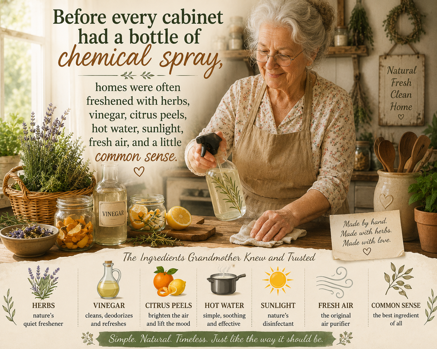 Natural Herbal Cleaning with Vinegar, Citrus & Herbs A warm vintage-style farmhouse kitchen scene featuring a smiling grandmother using a homemade herbal cleaning spray made with rosemary, citrus peels, vinegar, and herbs. The cozy rustic kitchen includes jars of dried herbs, fresh citrus, natural sunlight through the windows, and soft neutral tones that create a comforting old-fashioned atmosphere. The graphic highlights traditional herbal home cleaning methods used before commercial chemical sprays became common.