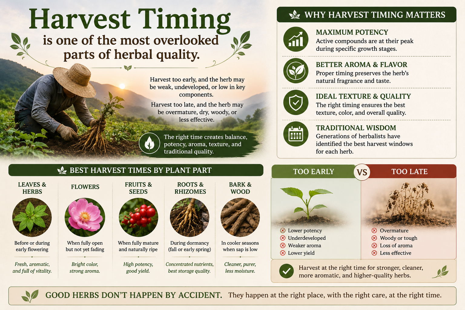 Educational graphic for harvesting the herbs at the peak of their benefits