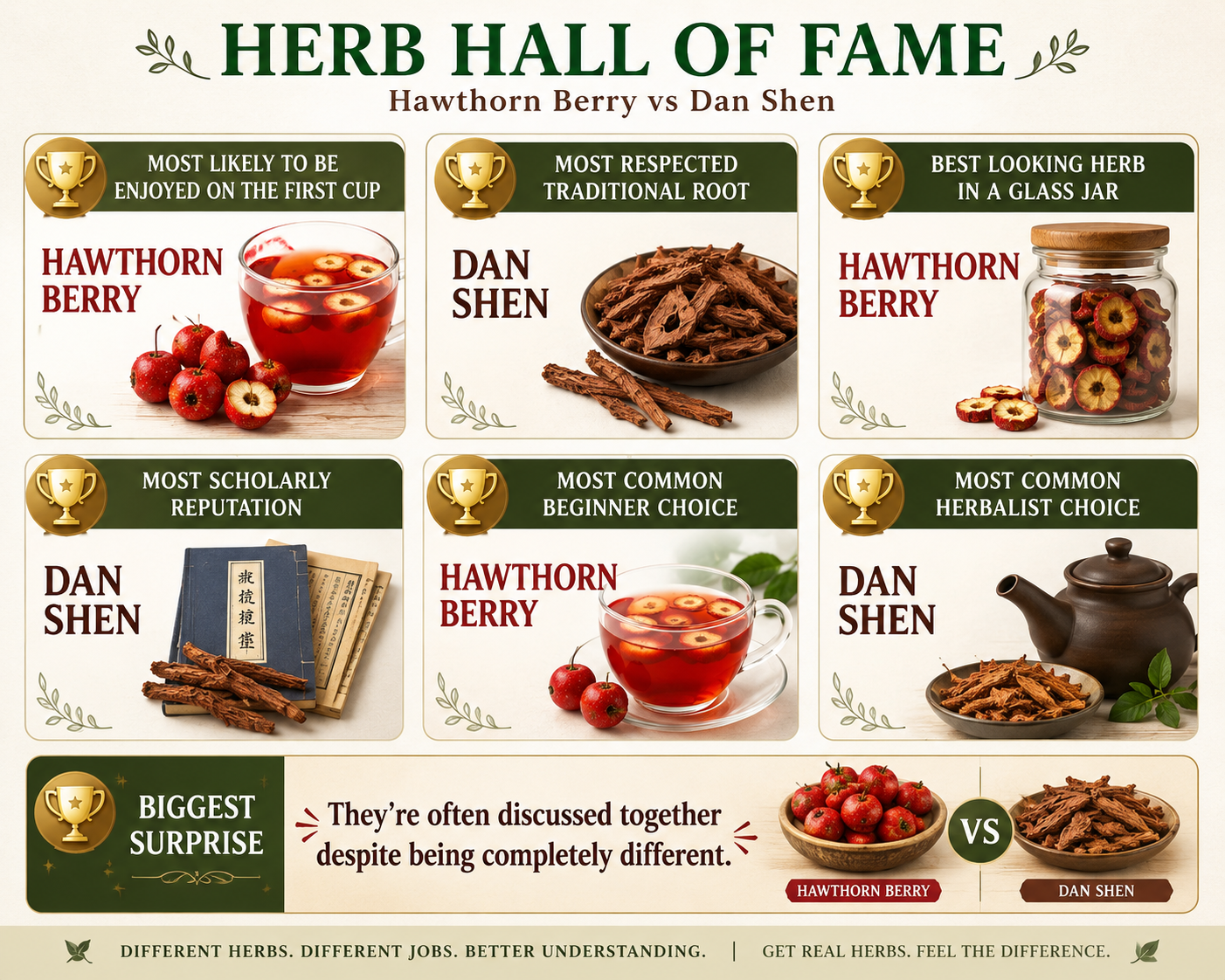 Understanding that hawthorn and dan shan both have great benefits Hall of fame, showing what each herbs positive features are and why