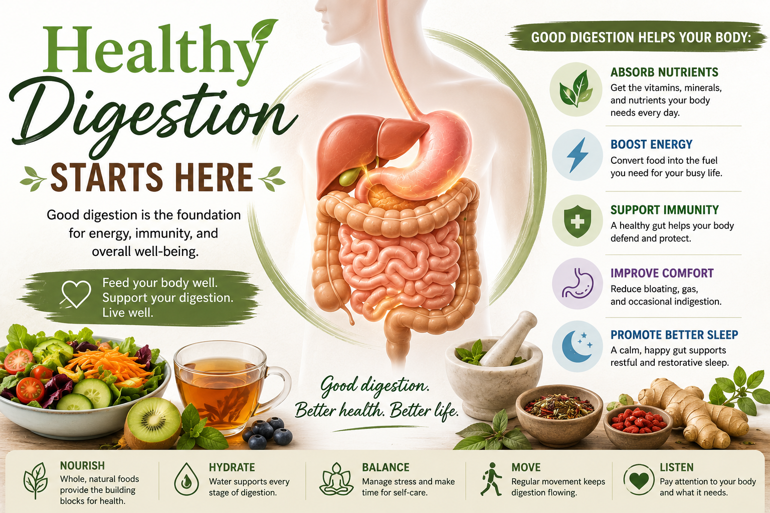 Infographic with a professional white background, highlighted digestive system, fresh foods and herbs, and the headline "Healthy Digestion Starts Here."