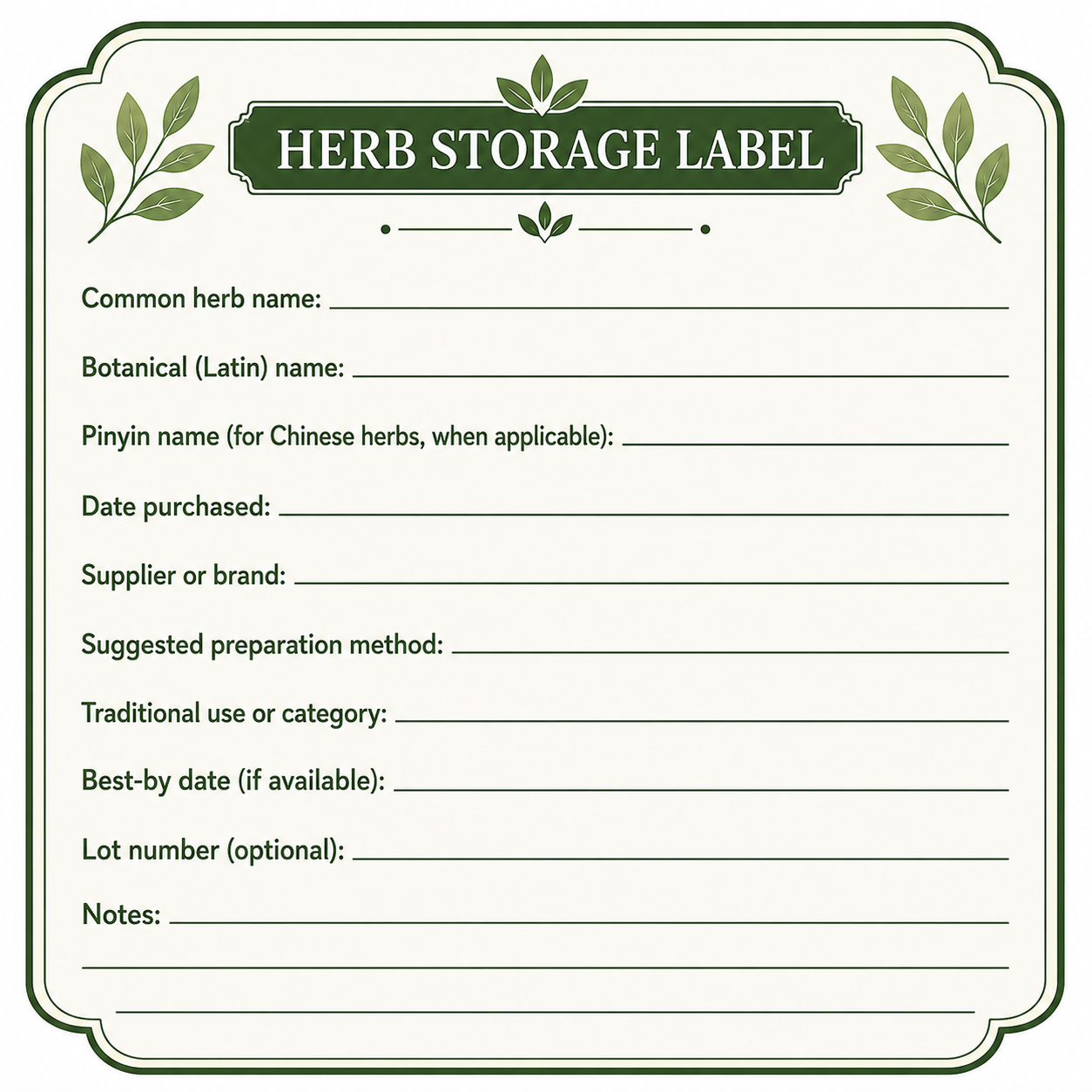Required information for storing herbs properly, label can be copied. Detailed label for herb storage