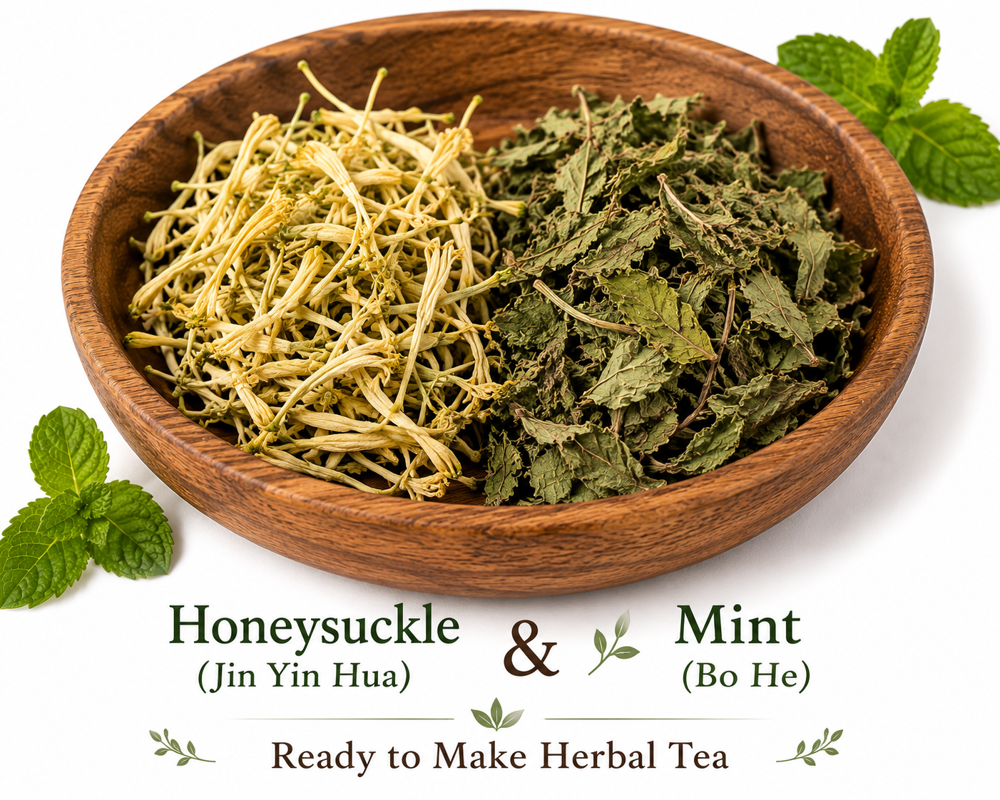 Jin Yin Hua (honeysuckle flower) and Bo He (mint) displayed together in a wooden bowl as a simple beginner-friendly Chinese herbal tea pairing. The image shows dried honeysuckle flowers and mint leaves before preparation, helping beginners visually identify the two traditional Chinese herbs.