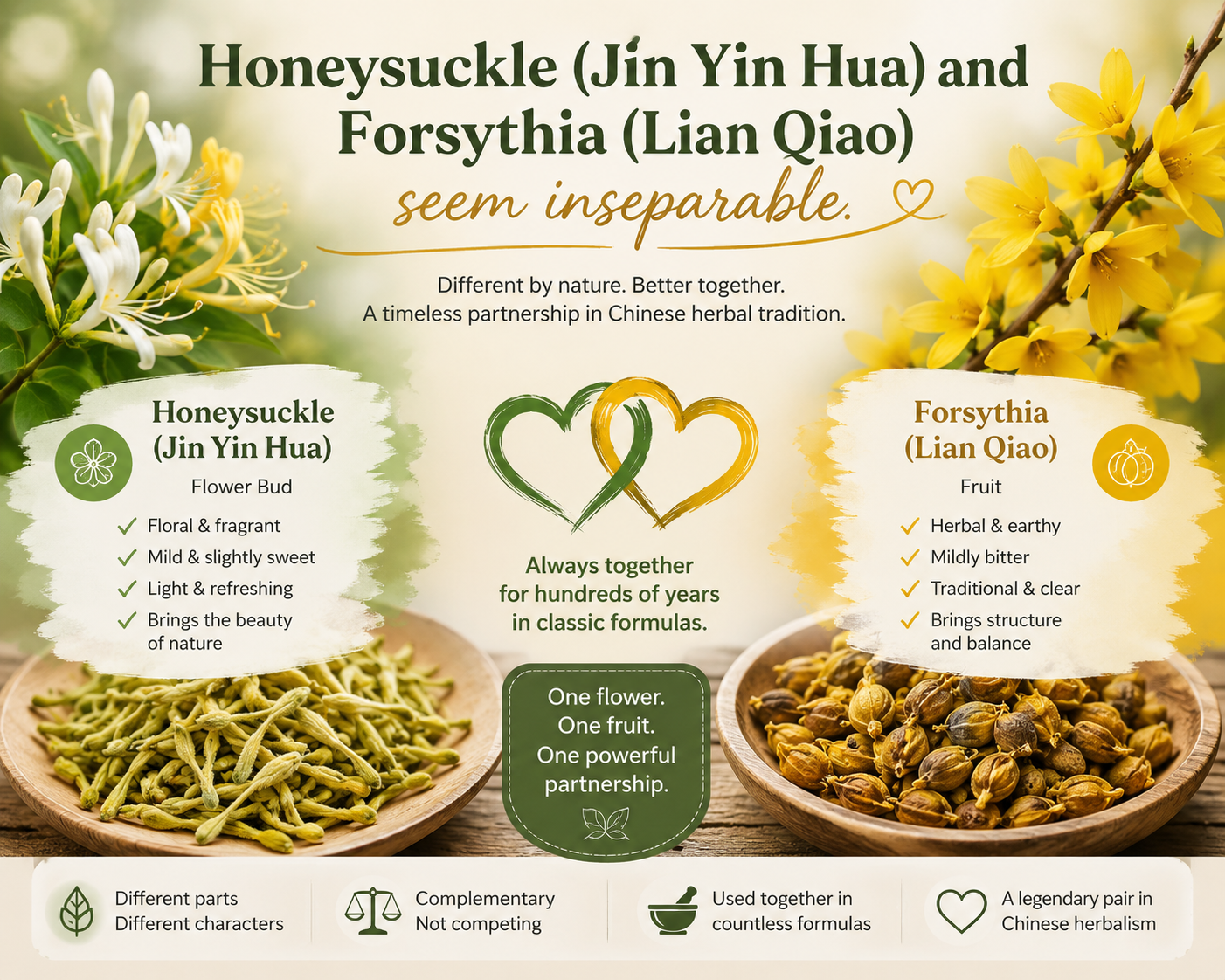 infographic on what are the similar traits for honeysuckle flower and forsythia fruit