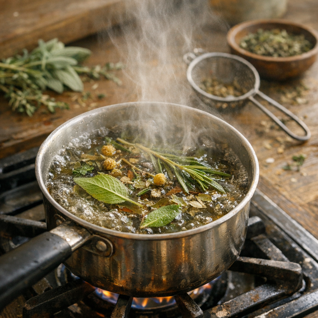 Brewing a decoction using roots, bark and hard berries