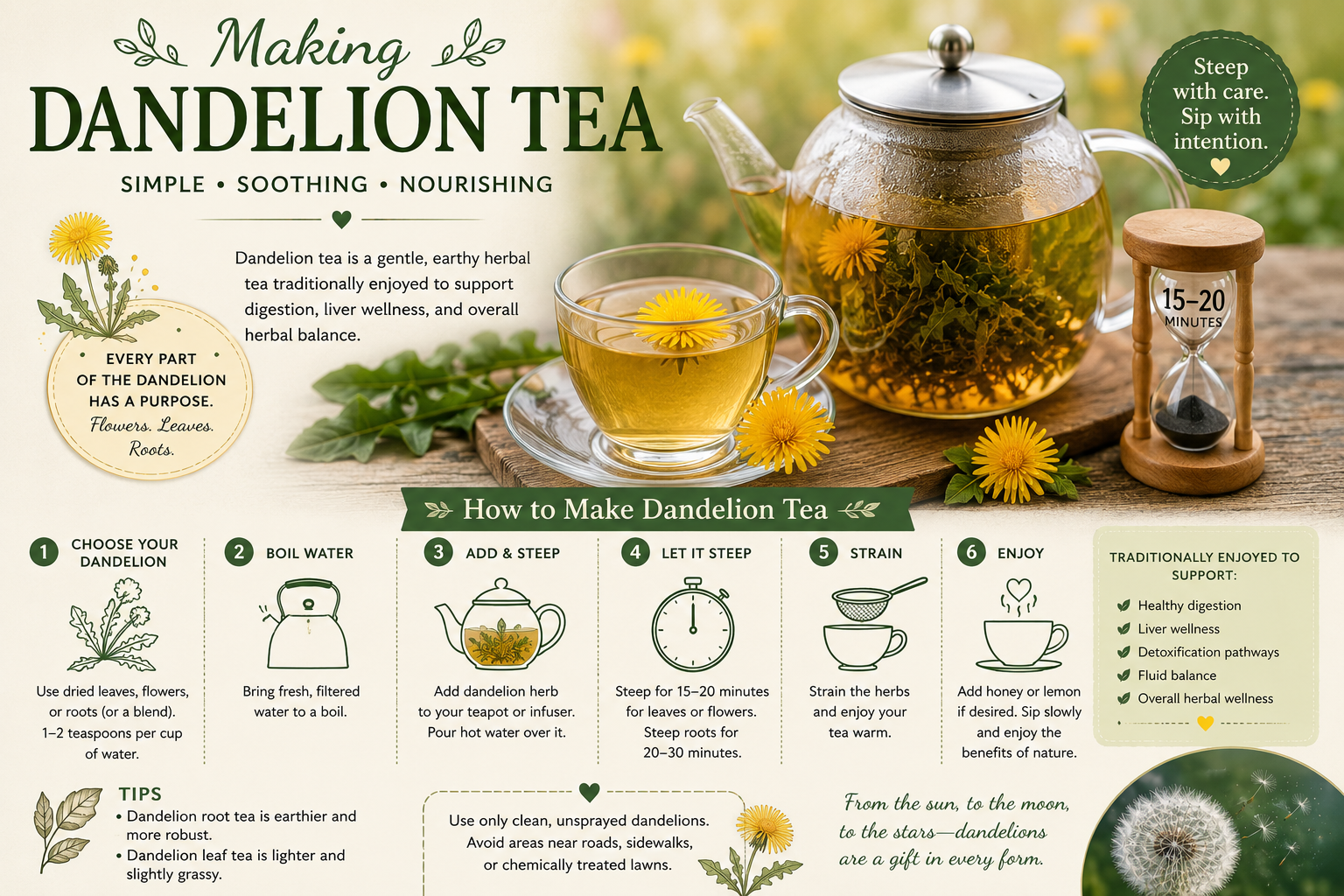 Infographic on how to brew dandelion tea by steeping the leaves 