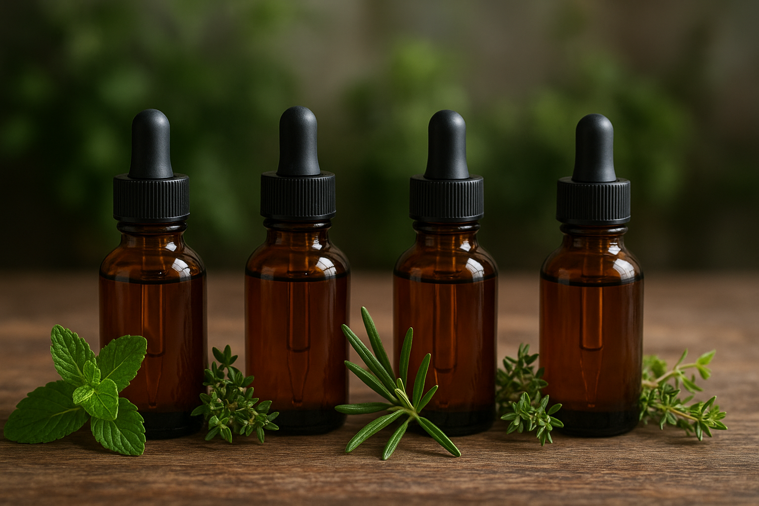 bottles of herbal tinctures surround by herbs