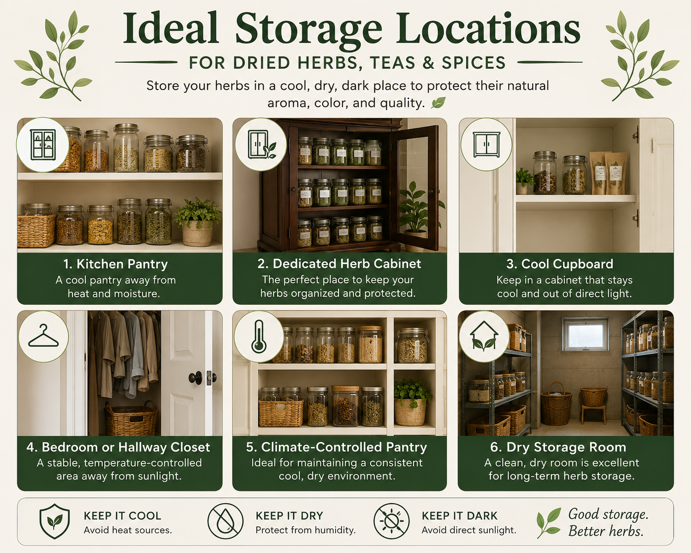How to store herbs properly to ensure their fresheness Infographic on where the perfect locations for storing herbs are