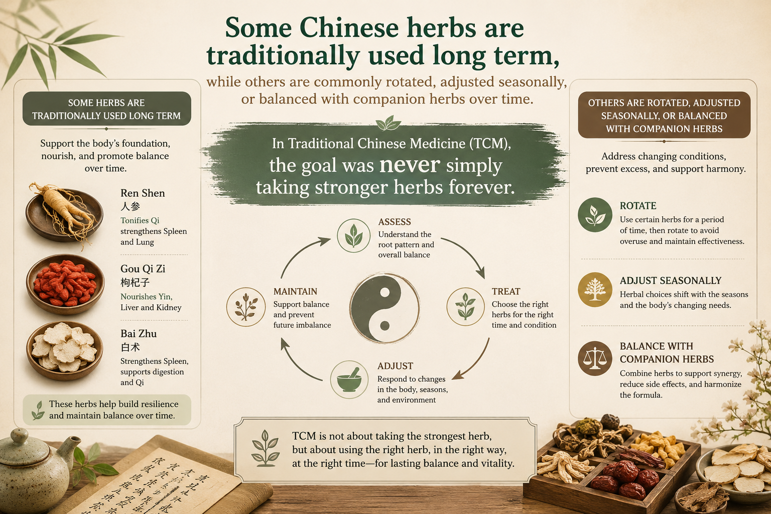 Educational Traditional Chinese Medicine infographic explaining how some Chinese herbs are traditionally used long term while others are rotated seasonally or balanced with companion herbs. Features herbal bowls, yin yang symbol, TCM wellness cycle, ginseng, goji berries, bai zhu, and calming botanical design with natural earth tones promoting balanced herbal wellness and traditional herbal education.&rdquo;