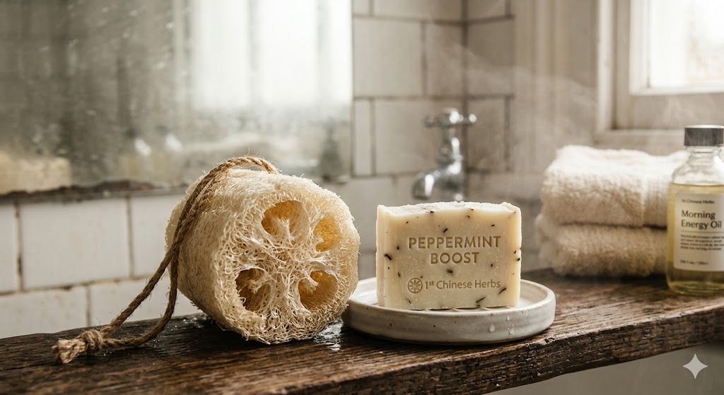 A woman in a bright bathroom using a natural peppermint bar soap and a plant-based loofah to start her day with an invigorating sensory experience.
