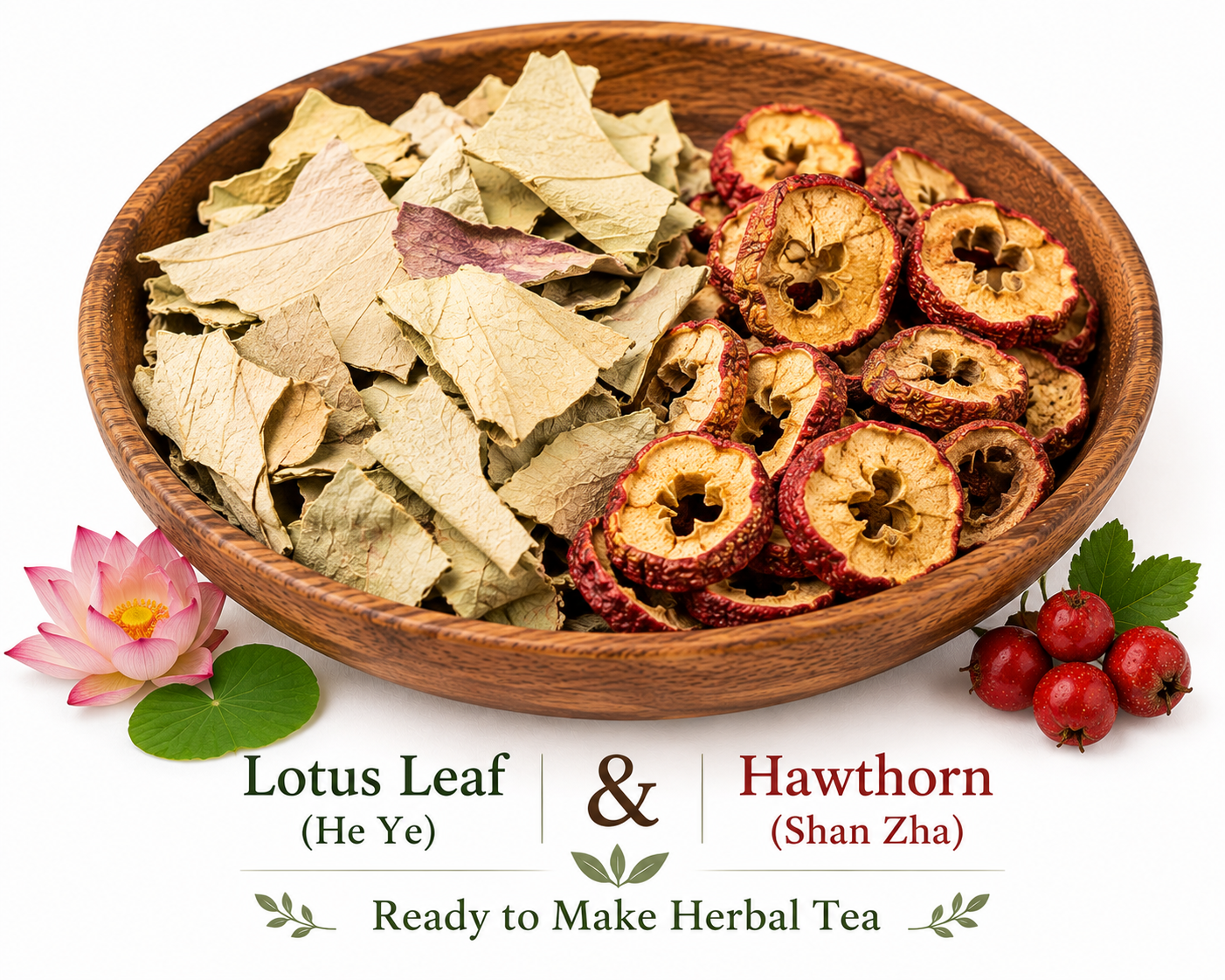 He Ye (lotus leaf) and Shan Zha (hawthorn fruit) displayed together in a wooden bowl as a beginner-friendly Chinese herbal tea pairing. The image shows dried lotus leaf pieces alongside dried hawthorn fruit slices before preparation.