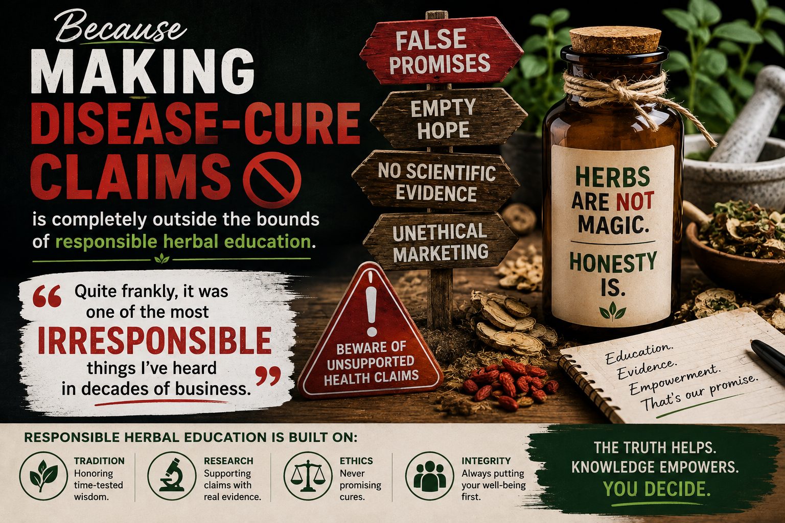 How to spot false claims infographic on making false claims about herbal supplements, and how appealing it is that companies to do this