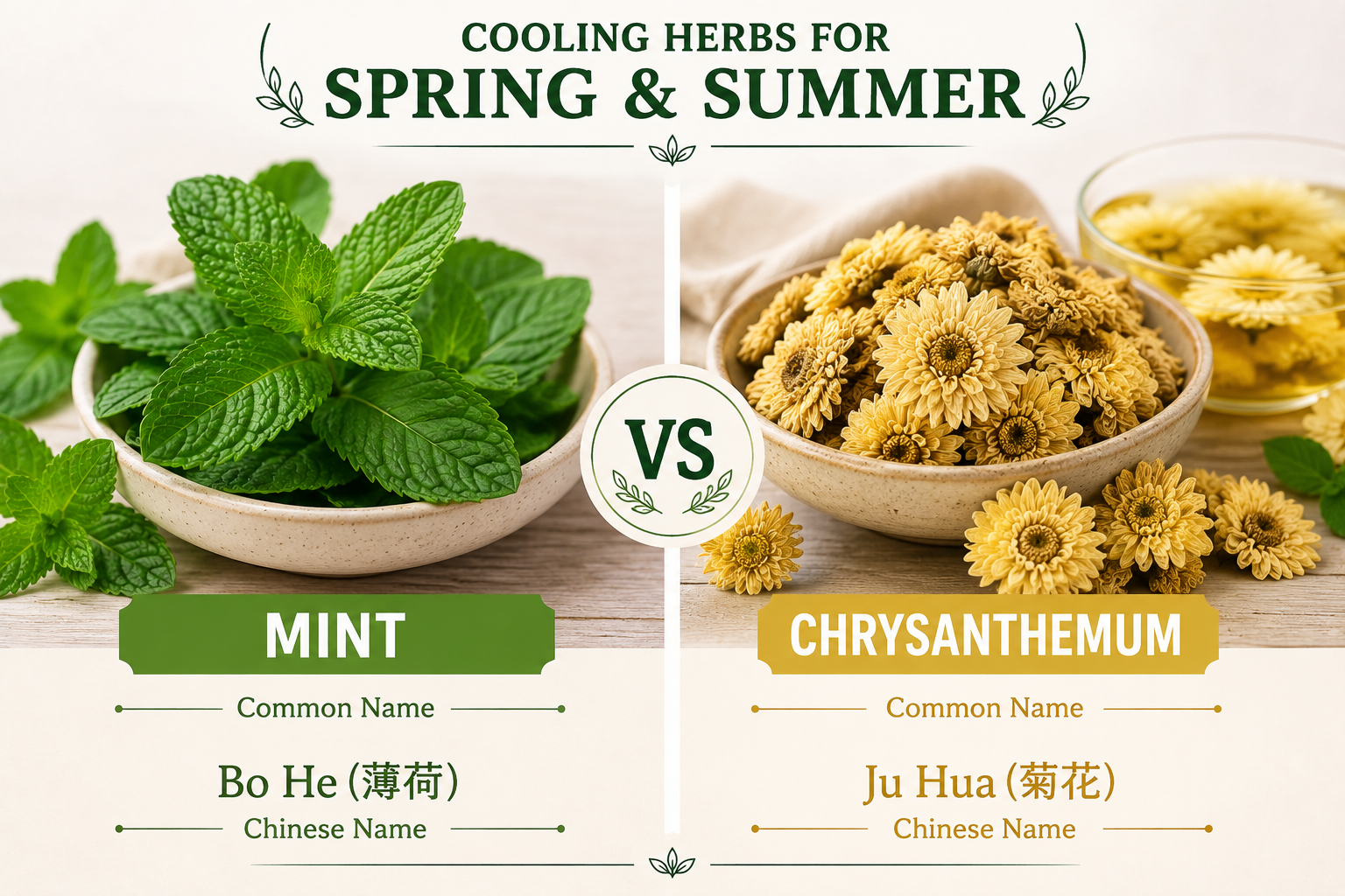 Infographic showing what the two herbs of chrysanthemum and mint look like