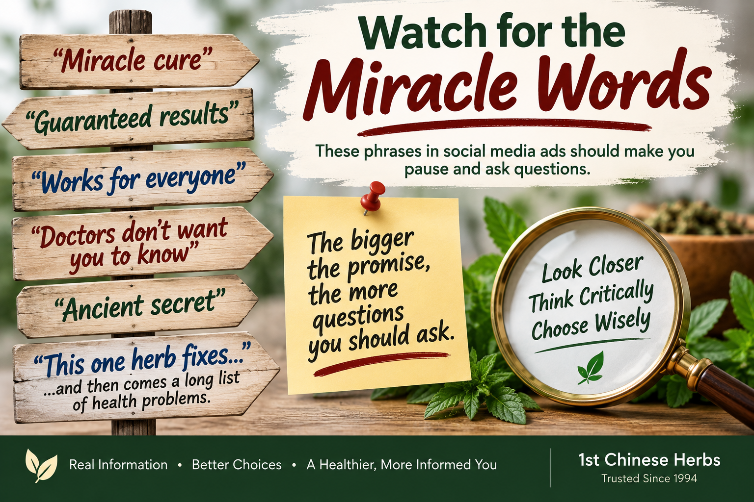 Educational infographic showing common warning phrases used in exaggerated herbal advertising, including &ldquo;miracle cure,&rdquo; &ldquo;guaranteed results,&rdquo; &ldquo;works for everyone,&rdquo; &ldquo;doctors don&rsquo;t want you to know,&rdquo; and &ldquo;ancient secret.&rdquo; Encourages shoppers to look closely at herbal claims, ask questions, check the evidence, and make informed choices.