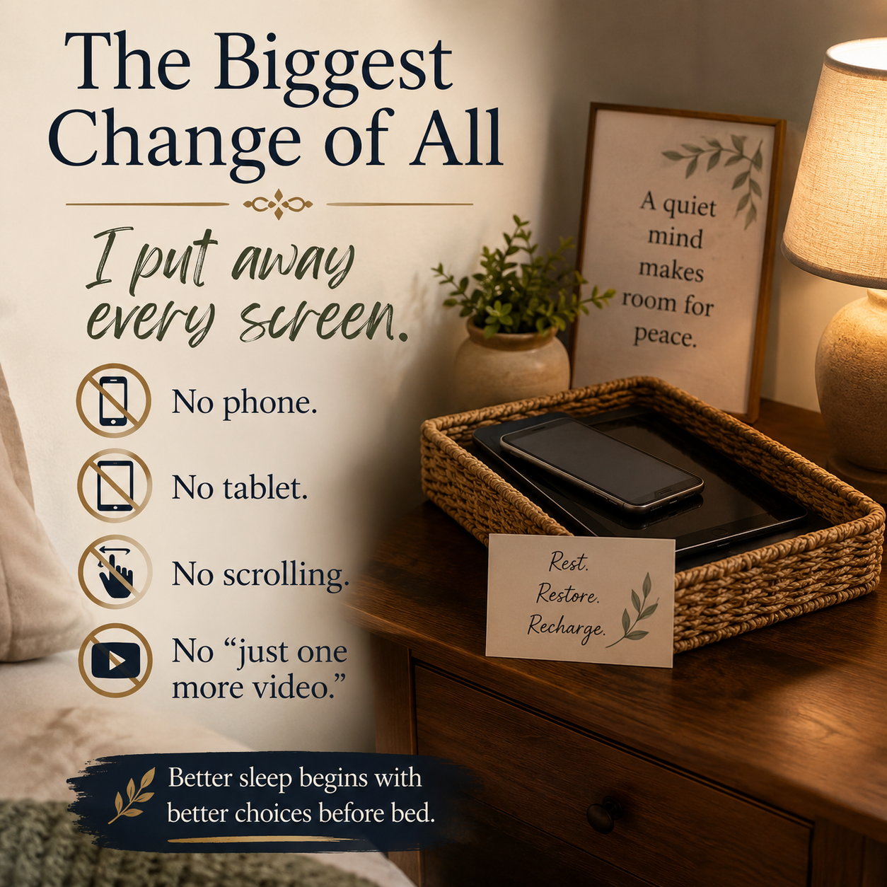 A warm, calming bedtime atmosphere that reinforces the idea of putting screens away before sleep, with a cozy bedside table and a clear visual reminder to disconnect.