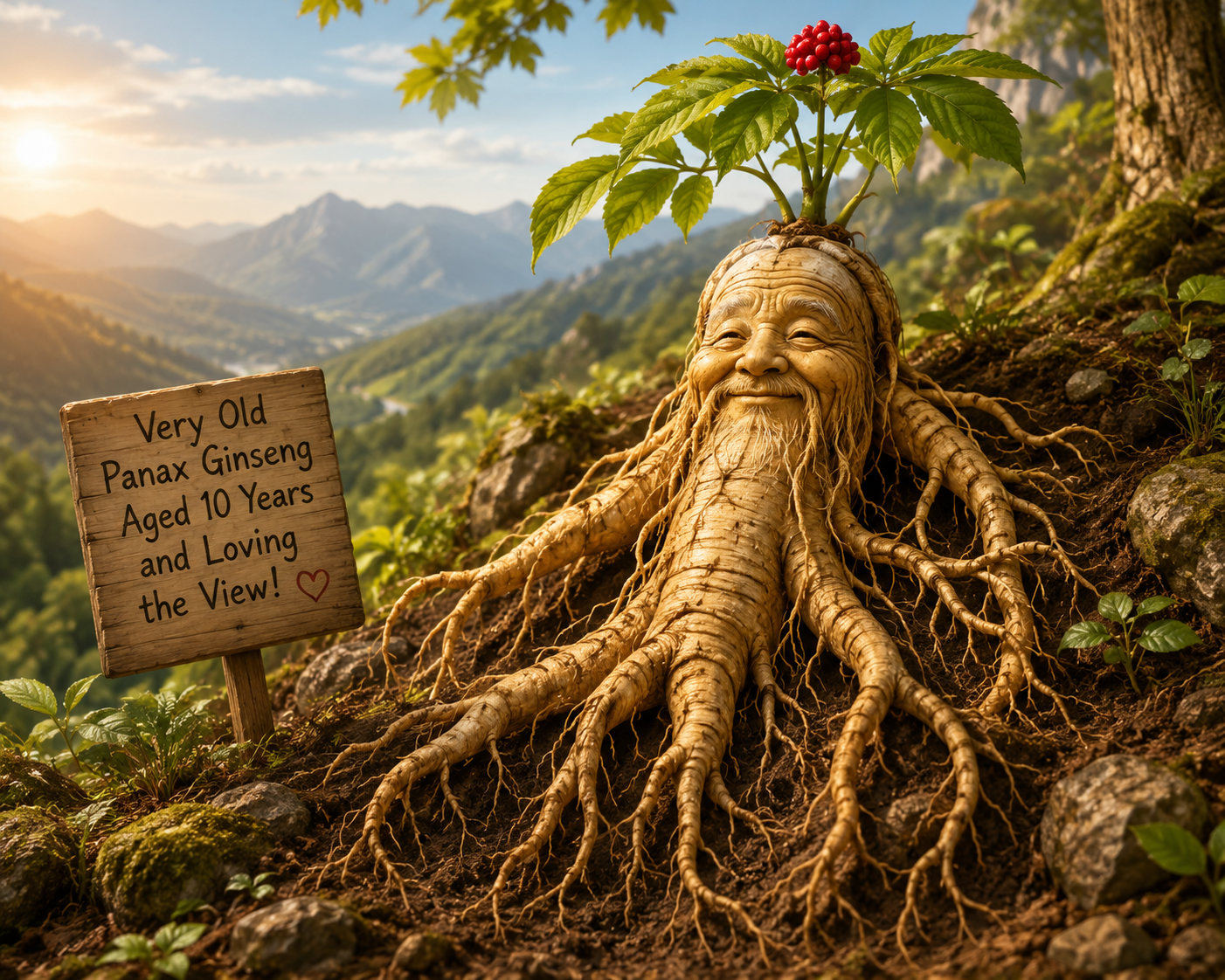 A rendition of ginseng root in the dirt on the hillside growing and maturing