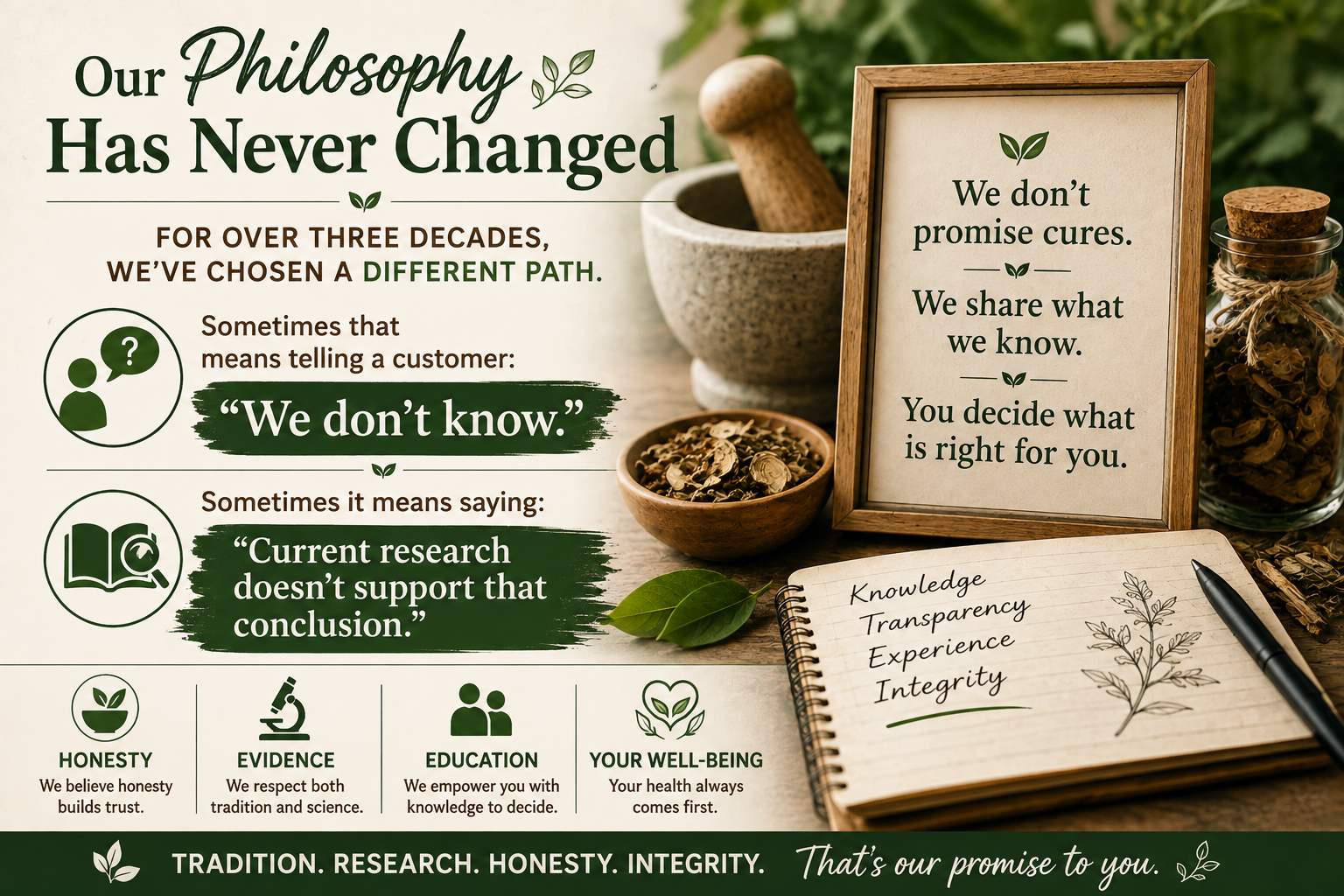 Our philosophy has never changed infographic on our philosophy has never changed, and that philosophy is to give honest, researchable answers to our customers