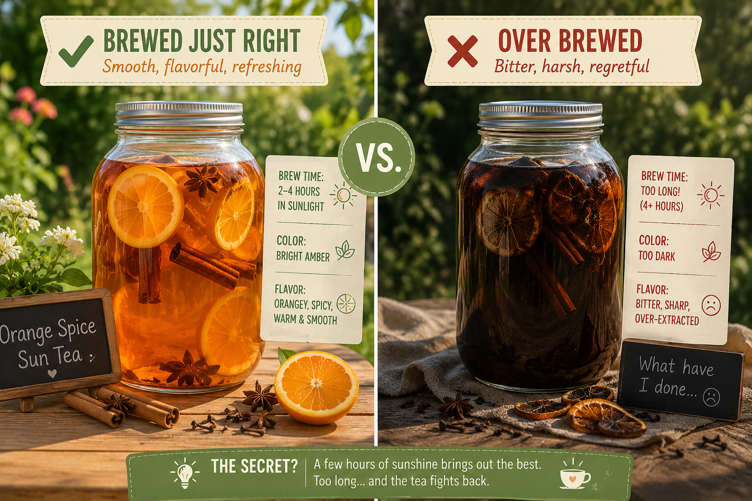 two jars of sun brewed tea, one perfectly brewed the other over brewed and bitter