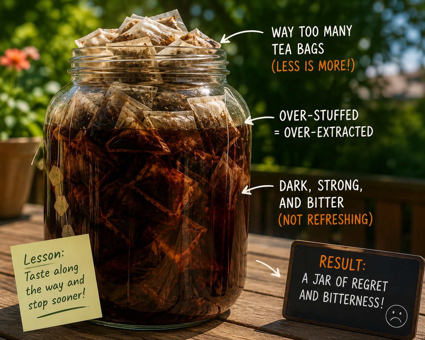 A glass jar filled with teabags to the brim,   This is the wrong way to make sun tea