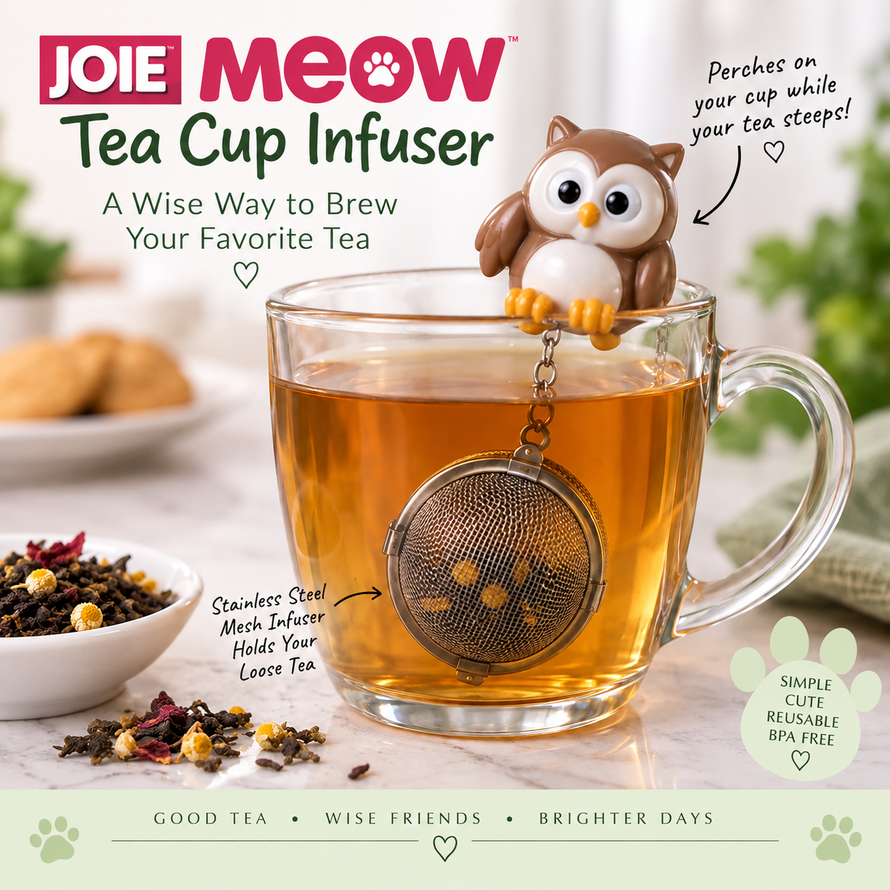 A whimsical owl tea cup infuser perched on the rim of a clear mug of freshly brewed tea, with a stainless steel mesh infuser holding loose tea below. The graphic highlights the reusable owl infuser as a cute and practical way to brew loose-leaf tea.