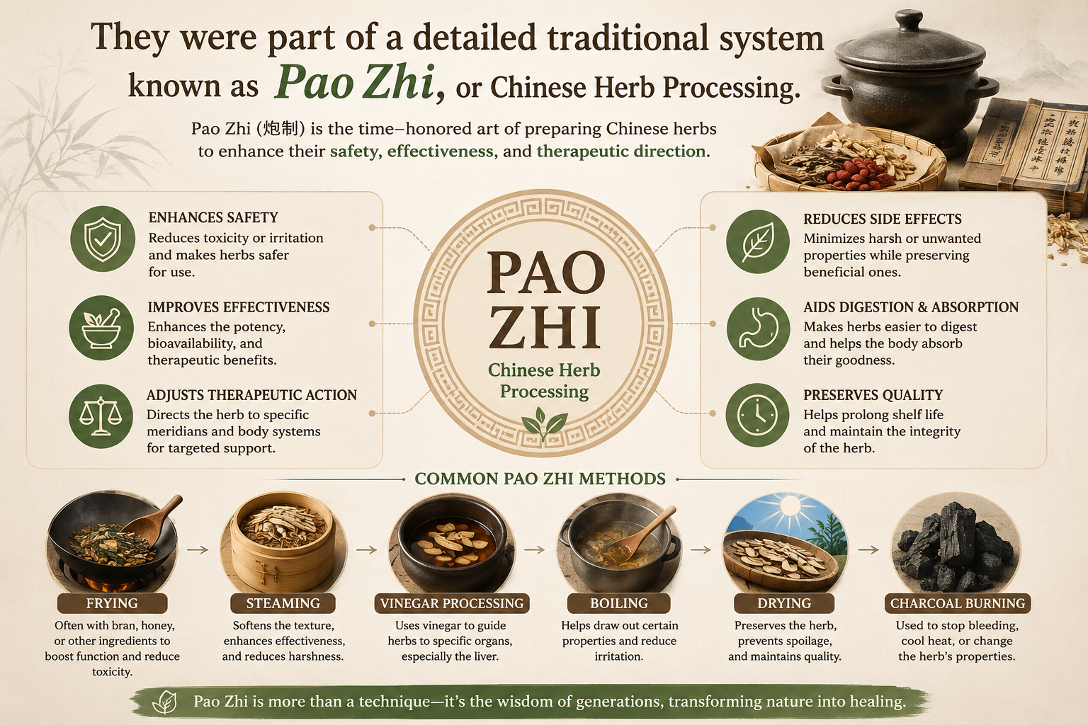 Traditional Chinese herb processing infographic explaining Pao Zhi methods including frying, steaming, vinegar-processing, boiling, drying, and charcoal preparation used to refine aroma, texture, quality, storage, and traditional preparation characteristics of Chinese herbs.