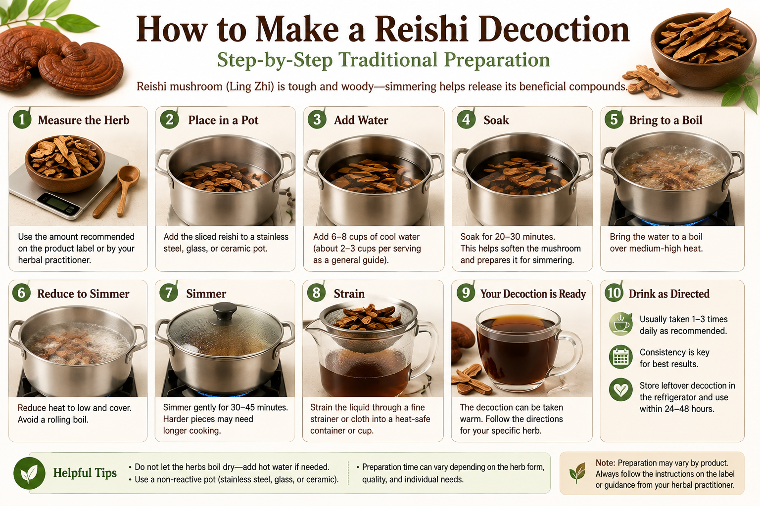 Step-by-step visual guide showing how to prepare a traditional Reishi mushroom (Ling Zhi) decoction using sliced Reishi. The infographic covers measuring the herb, adding water, soaking, bringing to a boil, gently simmering, straining, and serving the finished herbal decoction.
