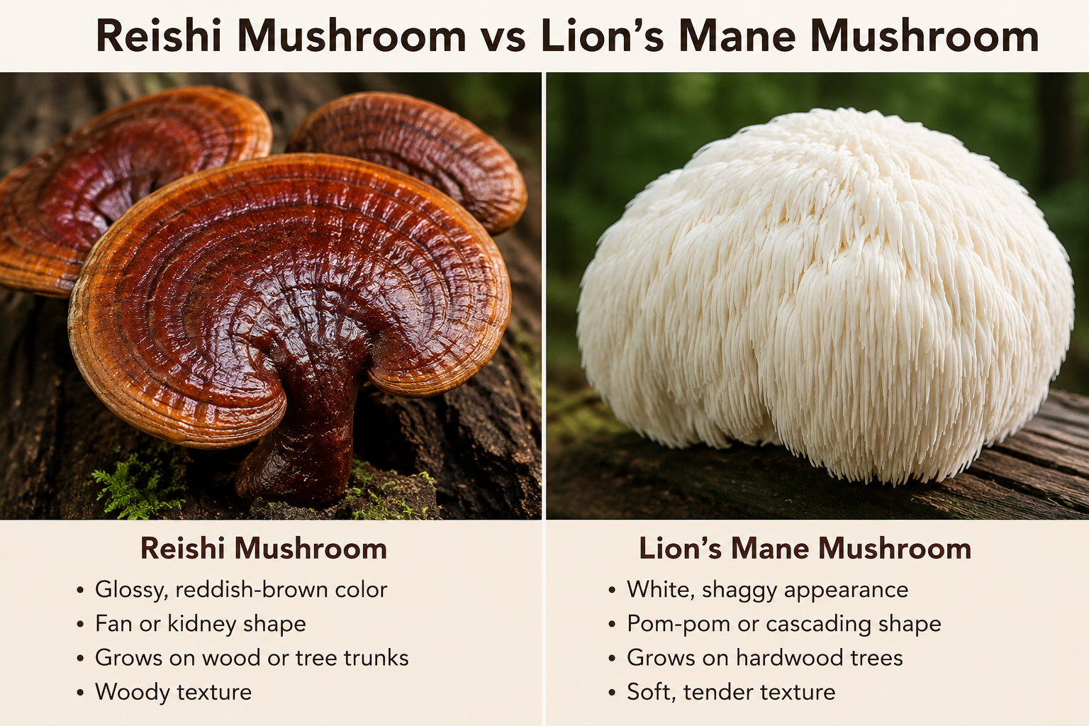 Understanding the value of two important mushrooms lions mane and reishi mushrooms Reishi Mushroom and Lion's Mane, what do they look like and how they differ